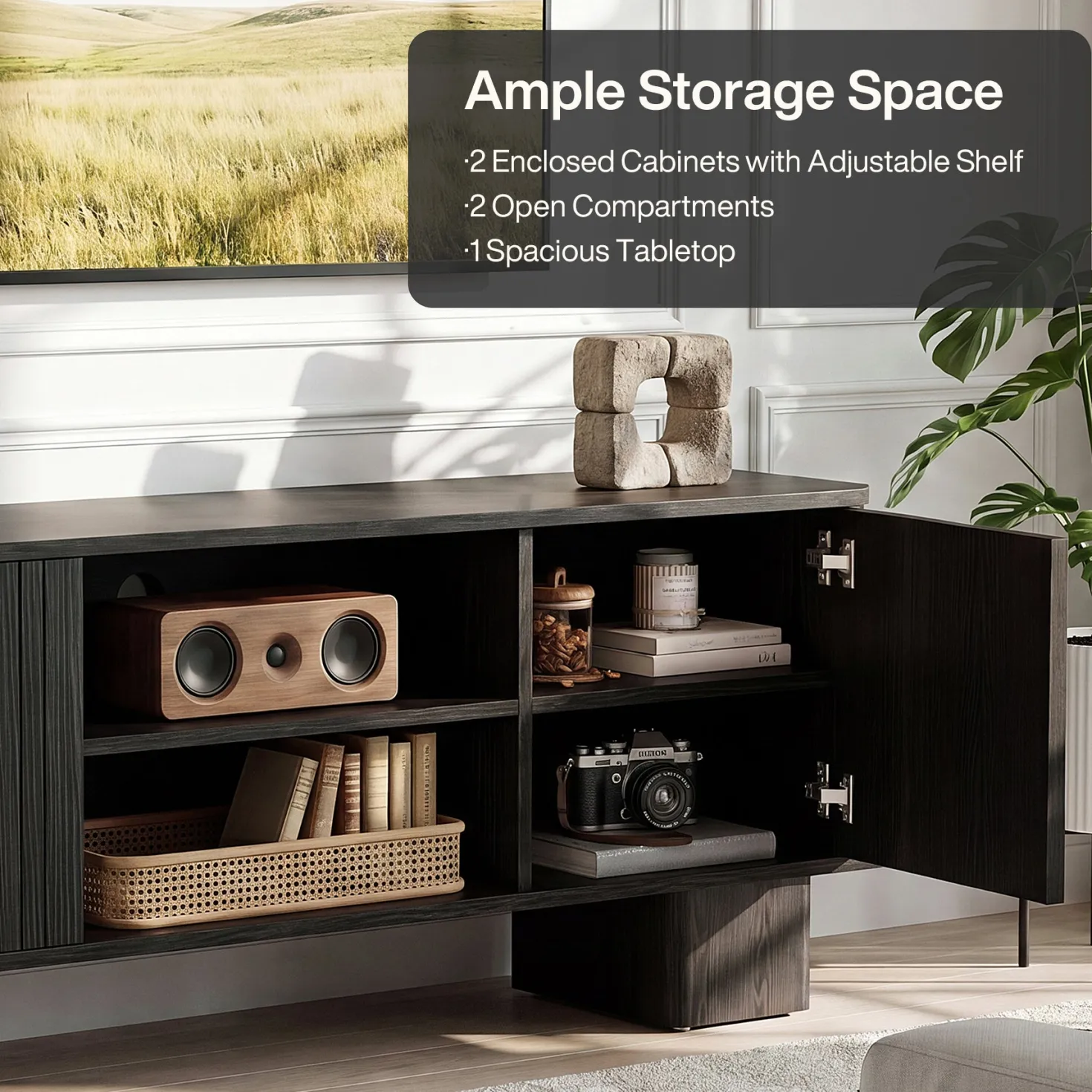 63" TV Stand for TVs Up To 70", Entertainment Center With Fluted Door & Hidden Storage