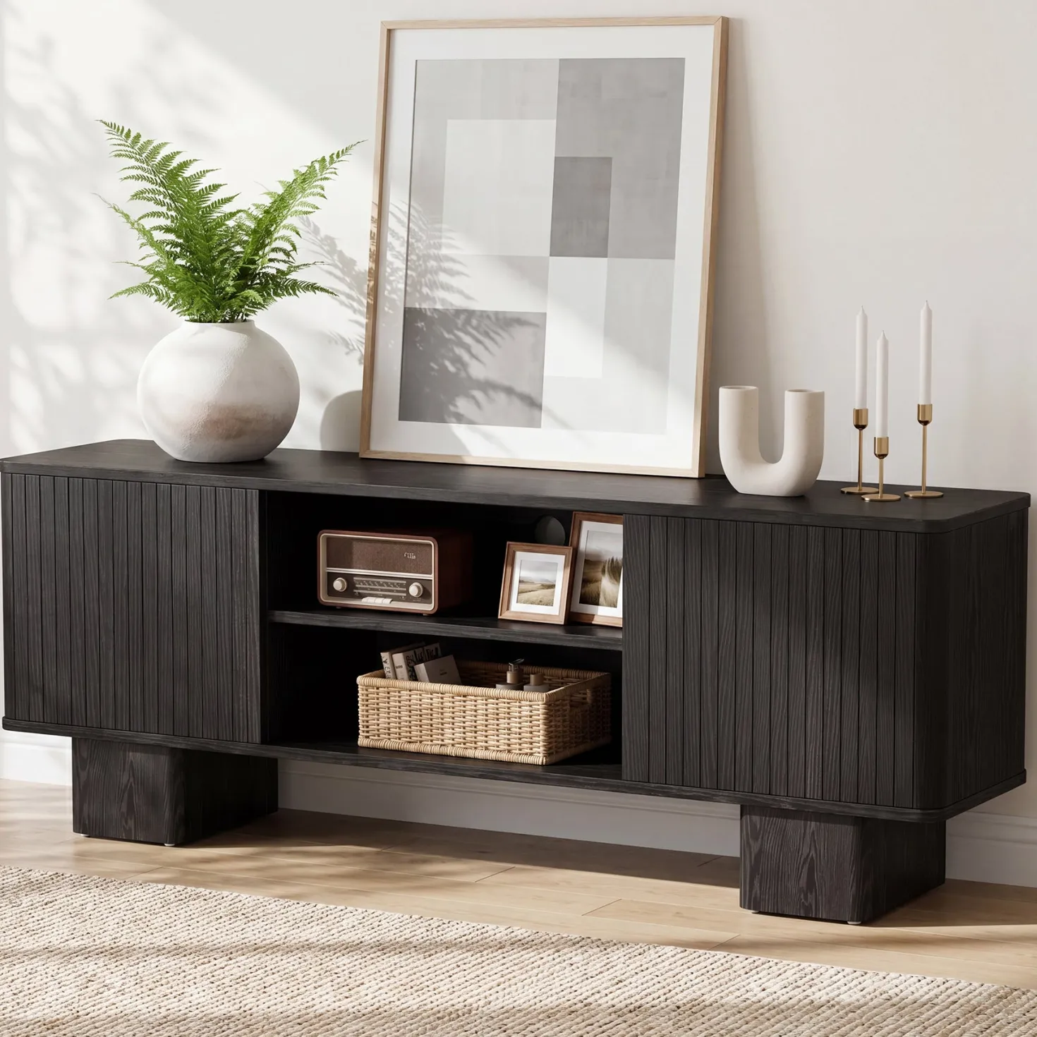 63" TV Stand for TVs Up To 70", Entertainment Center With Fluted Door & Hidden Storage