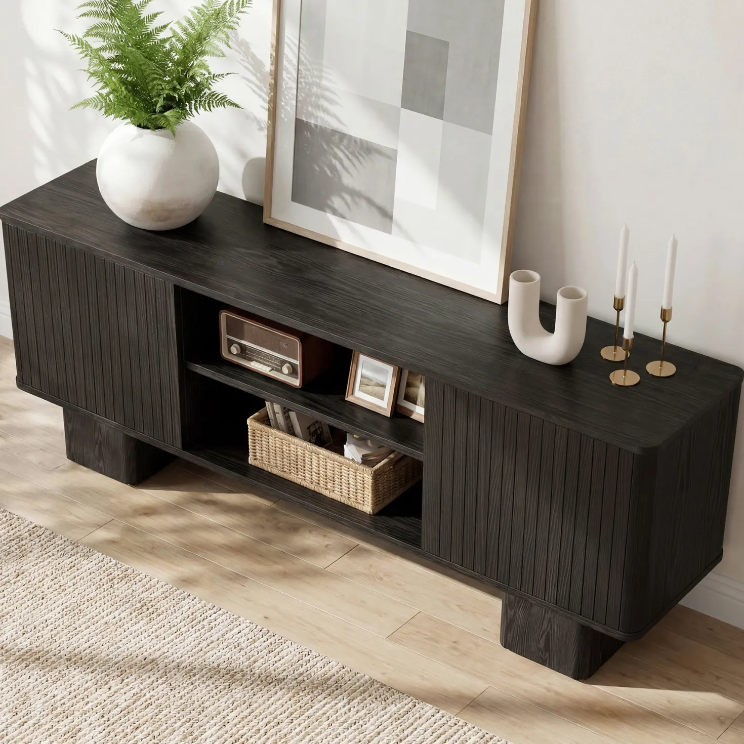 63" TV Stand for TVs Up To 70", Entertainment Center With Fluted Door & Hidden Storage