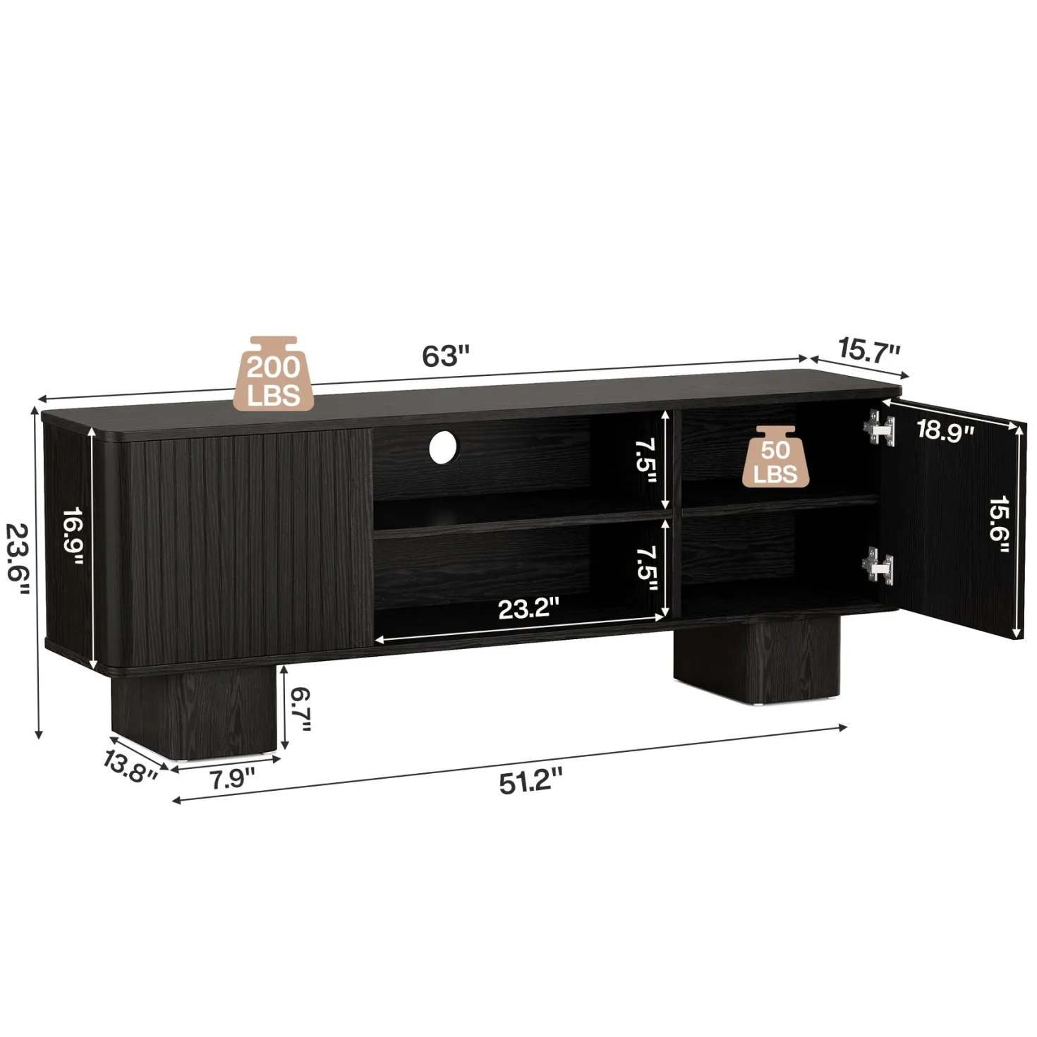 63" TV Stand for TVs Up To 70", Entertainment Center With Fluted Door & Hidden Storage