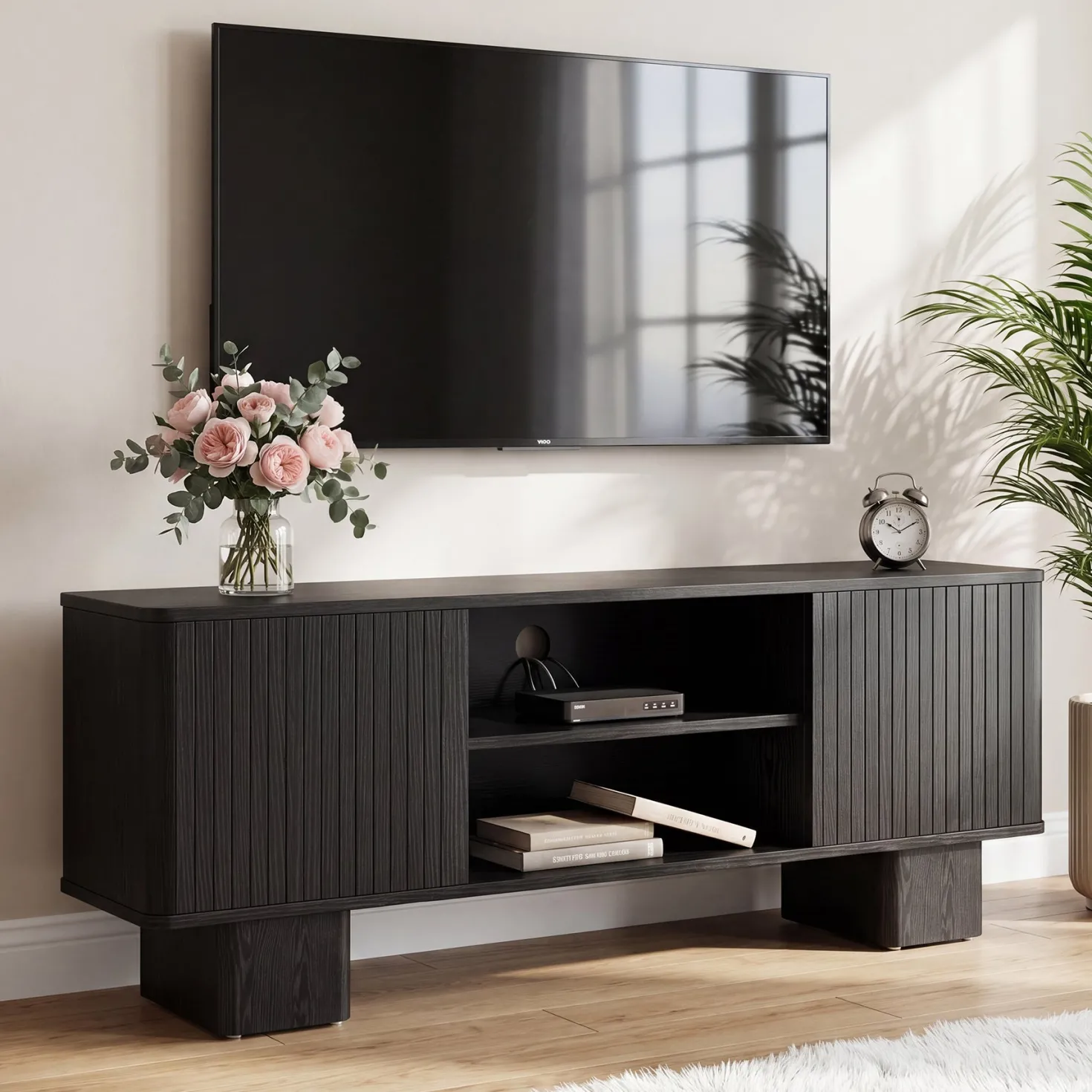 63" TV Stand for TVs Up To 70", Entertainment Center With Fluted Door & Hidden Storage