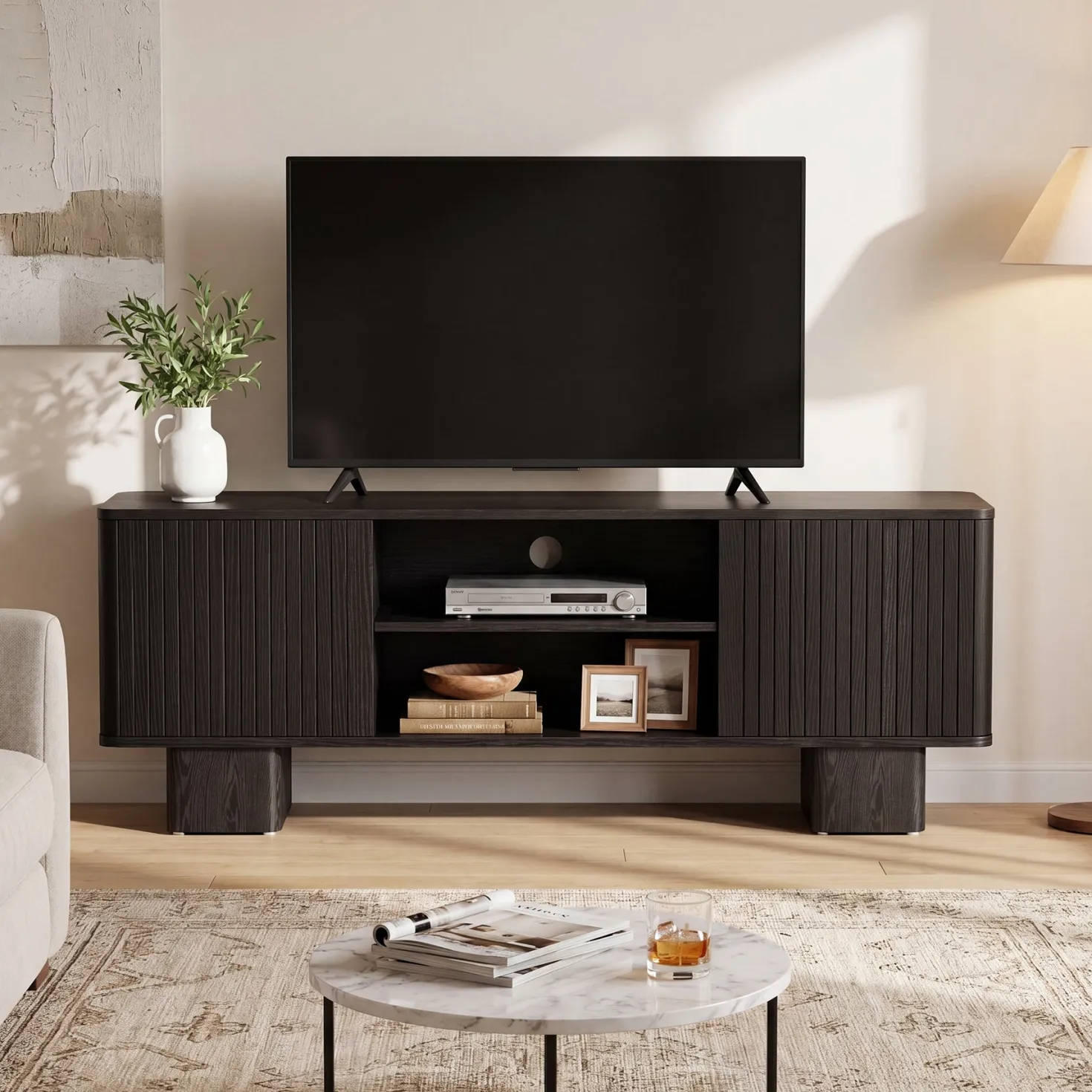 63" TV Stand for TVs Up To 70", Entertainment Center With Fluted Door & Hidden Storage