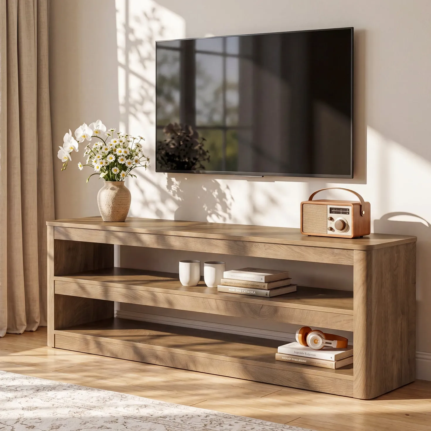 55" TV Stand for TVs up to 70", Farmhouse Entertainment Center with 3 Shelves