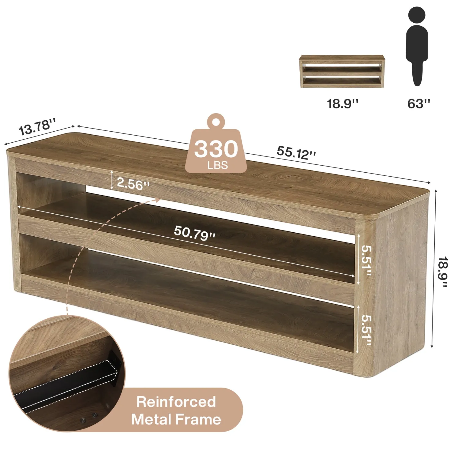 55" TV Stand for TVs up to 70", Farmhouse Entertainment Center with 3 Shelves
