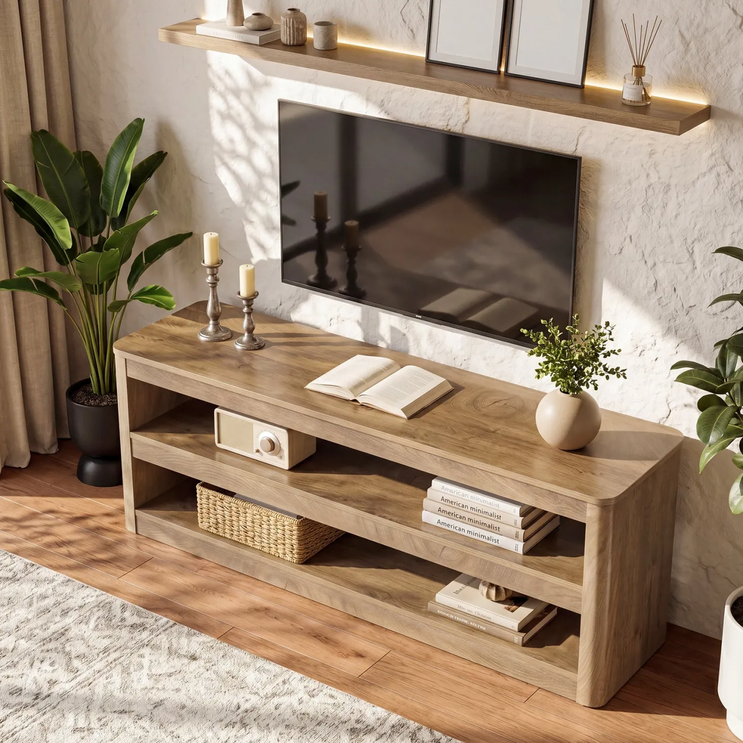 55" TV Stand for TVs up to 70", Farmhouse Entertainment Center with 3 Shelves