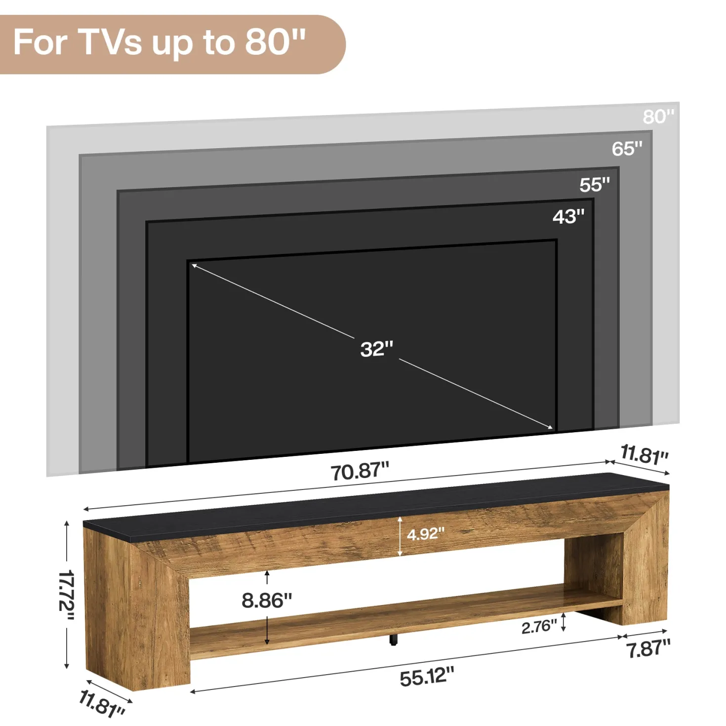 71" TV Stand, Large Entertainment Center with Shelf for TVs up to 80"