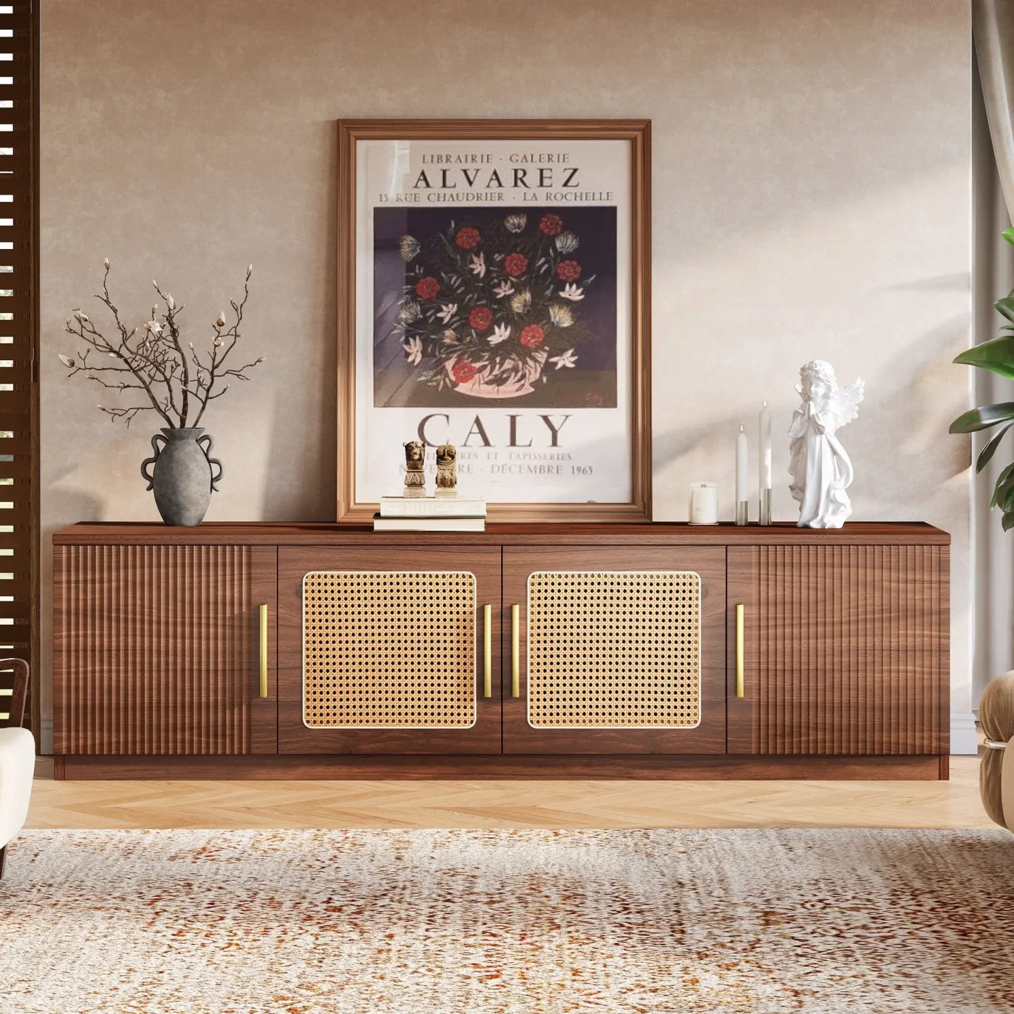 70.9" TV Stand, Mid Century Entertainment Center with 6-Tier Storage Shelf