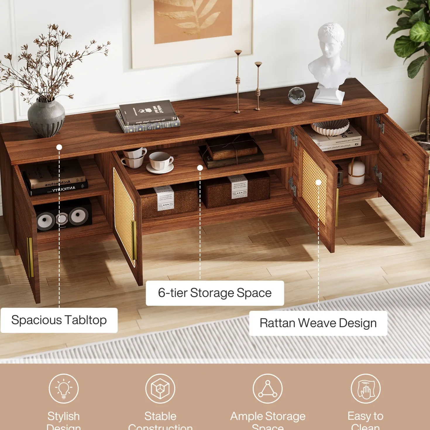70.9" TV Stand, Mid Century Entertainment Center with 6-Tier Storage Shelf