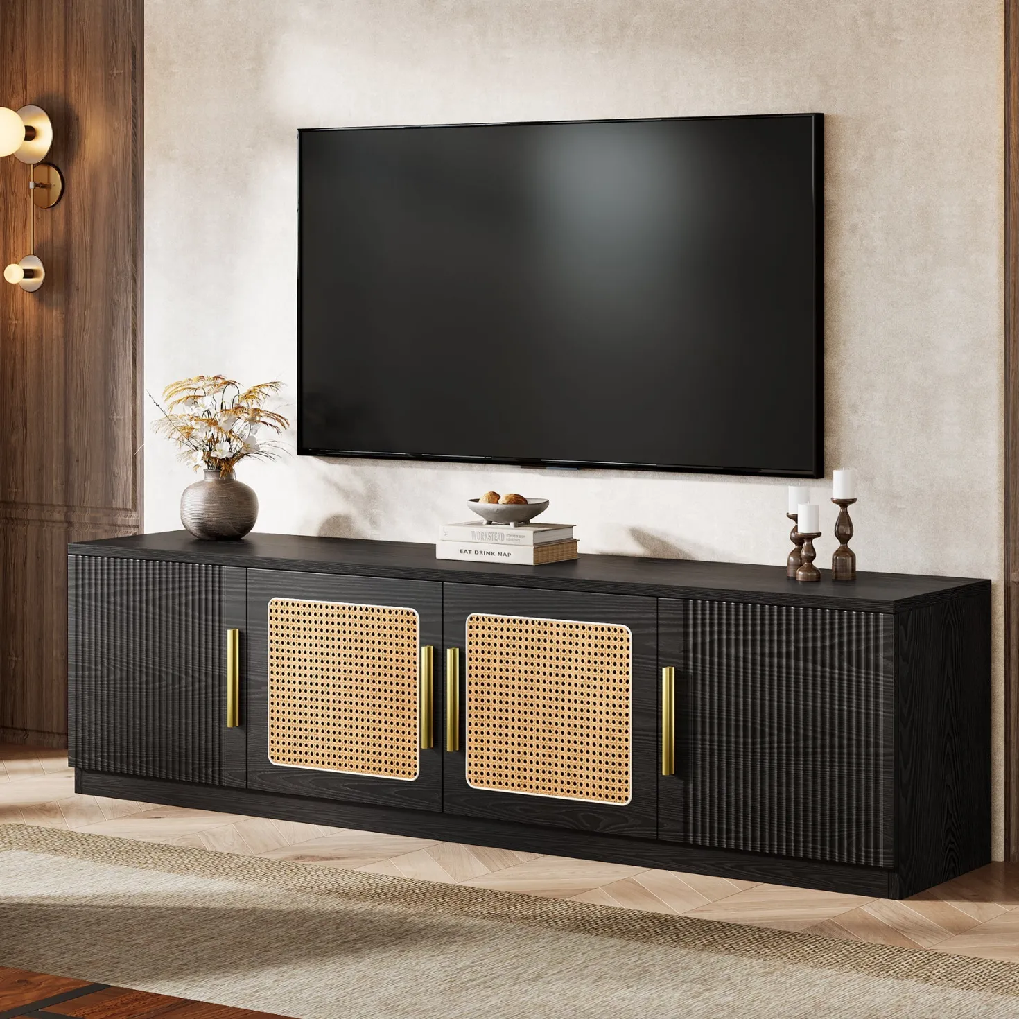 70.9" TV Stand, Mid Century Entertainment Center with 6-Tier Storage Shelf