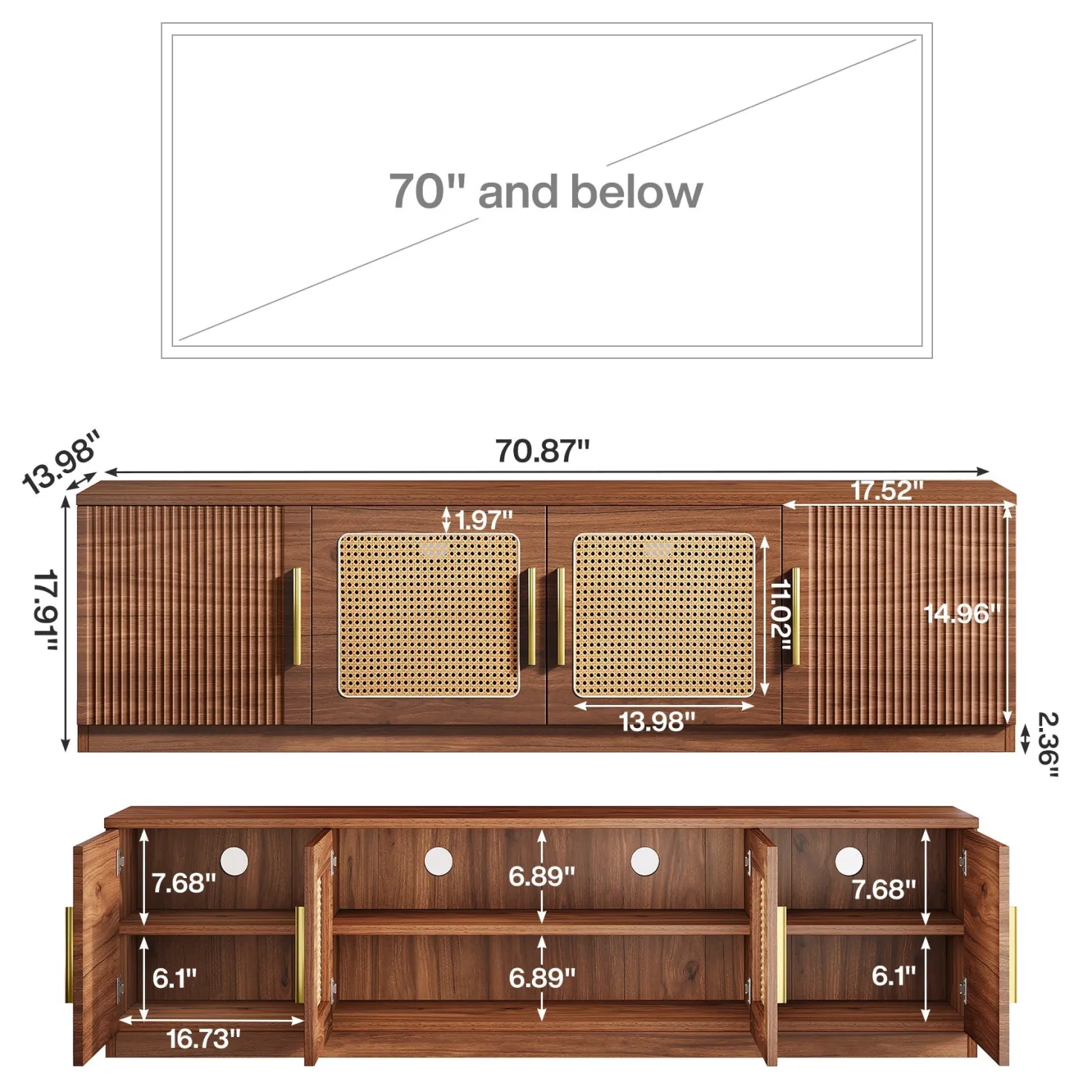 70.9" TV Stand, Mid Century Entertainment Center with 6-Tier Storage Shelf