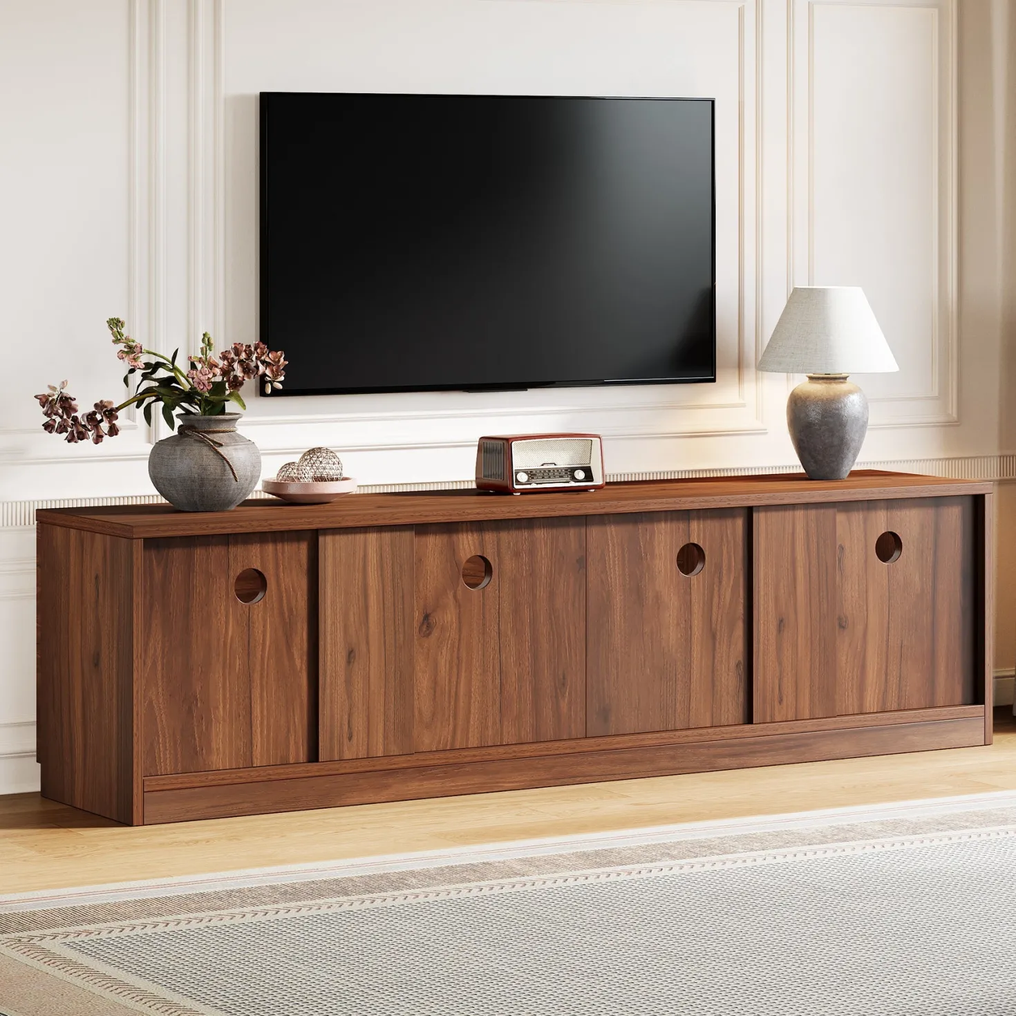 70.9" TV Stand, Mid Century Entertainment Center with 6-Tier Storage Shelf