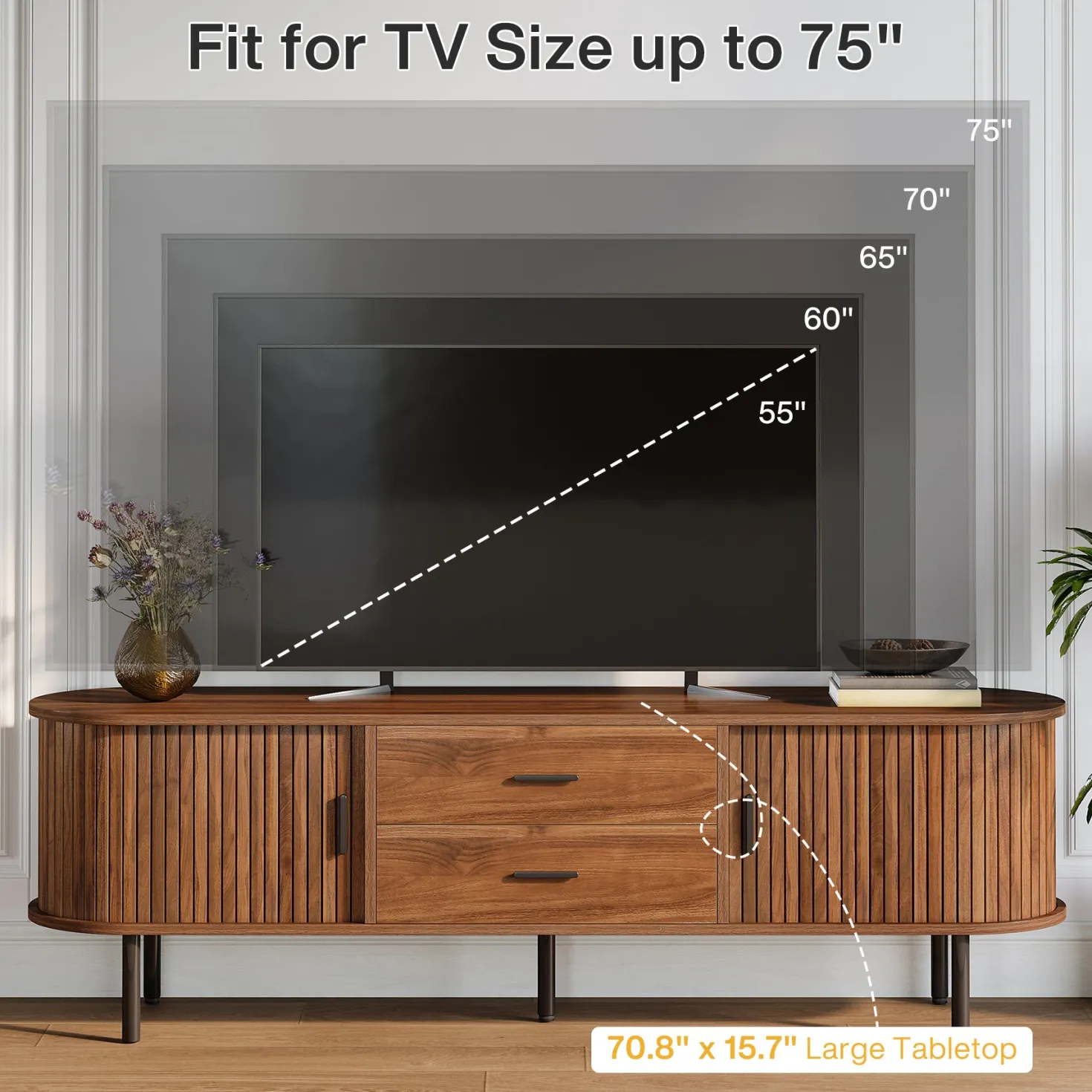 70" TV Stand, Modern Media Console with Storage and Sliding Tambour Door