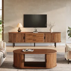 70" TV Stand, Modern Media Console with Storage and Sliding Tambour Door
