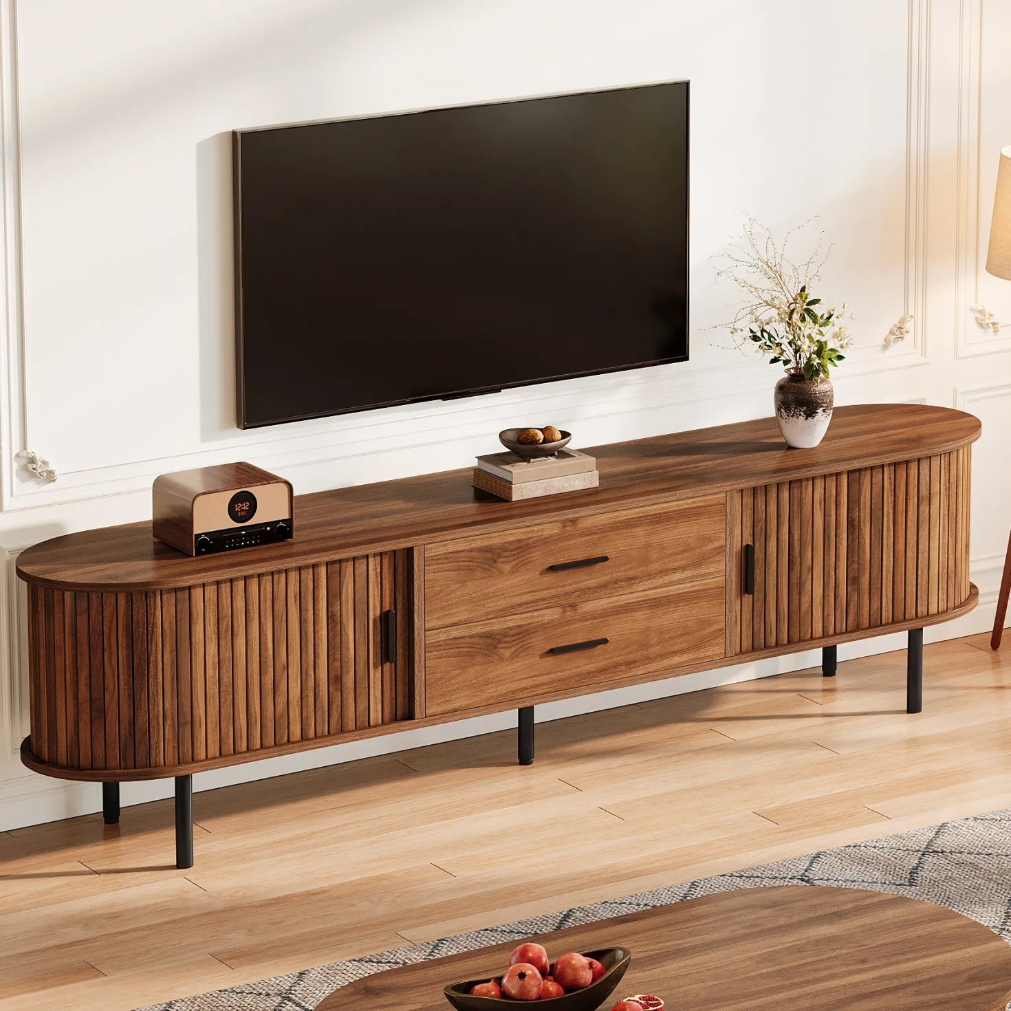 70" TV Stand, Modern Media Console with Storage and Sliding Tambour Door