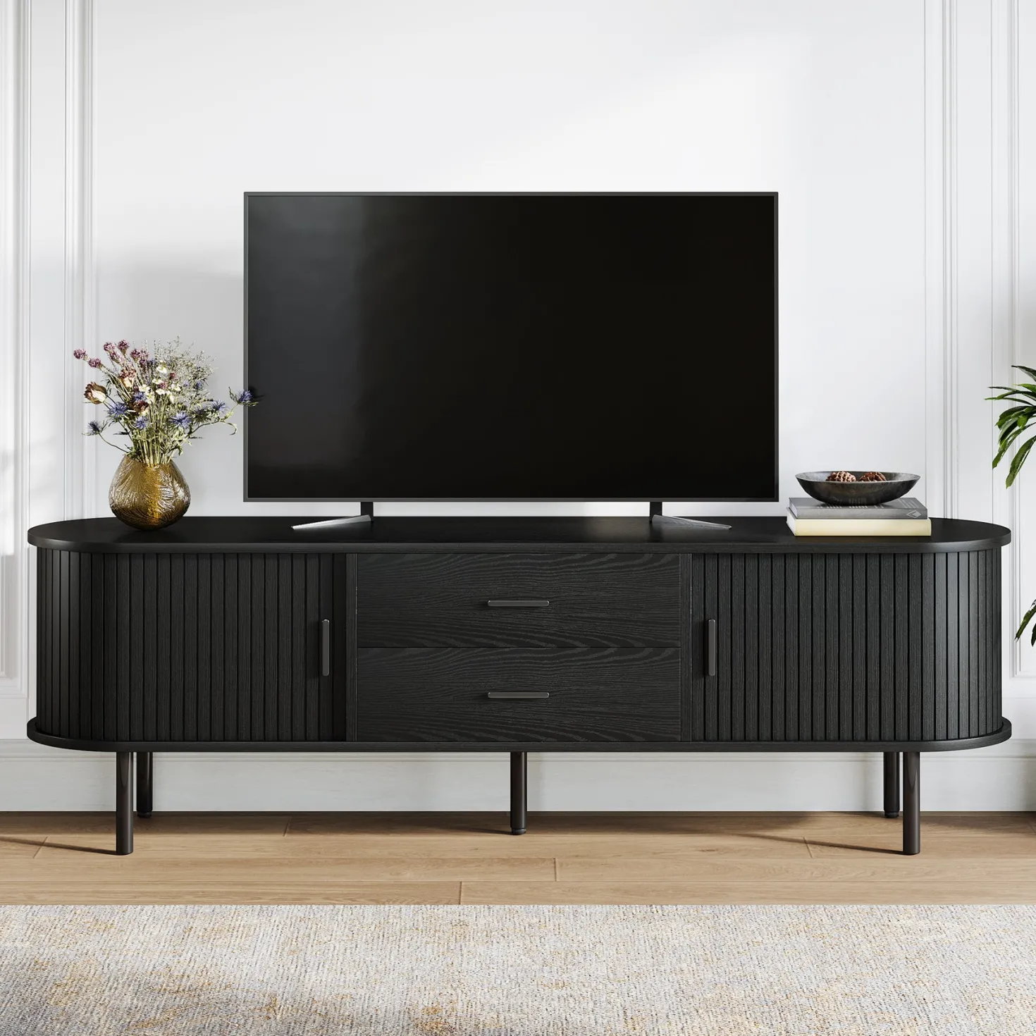 70" TV Stand, Modern Media Console with Storage and Sliding Tambour Door