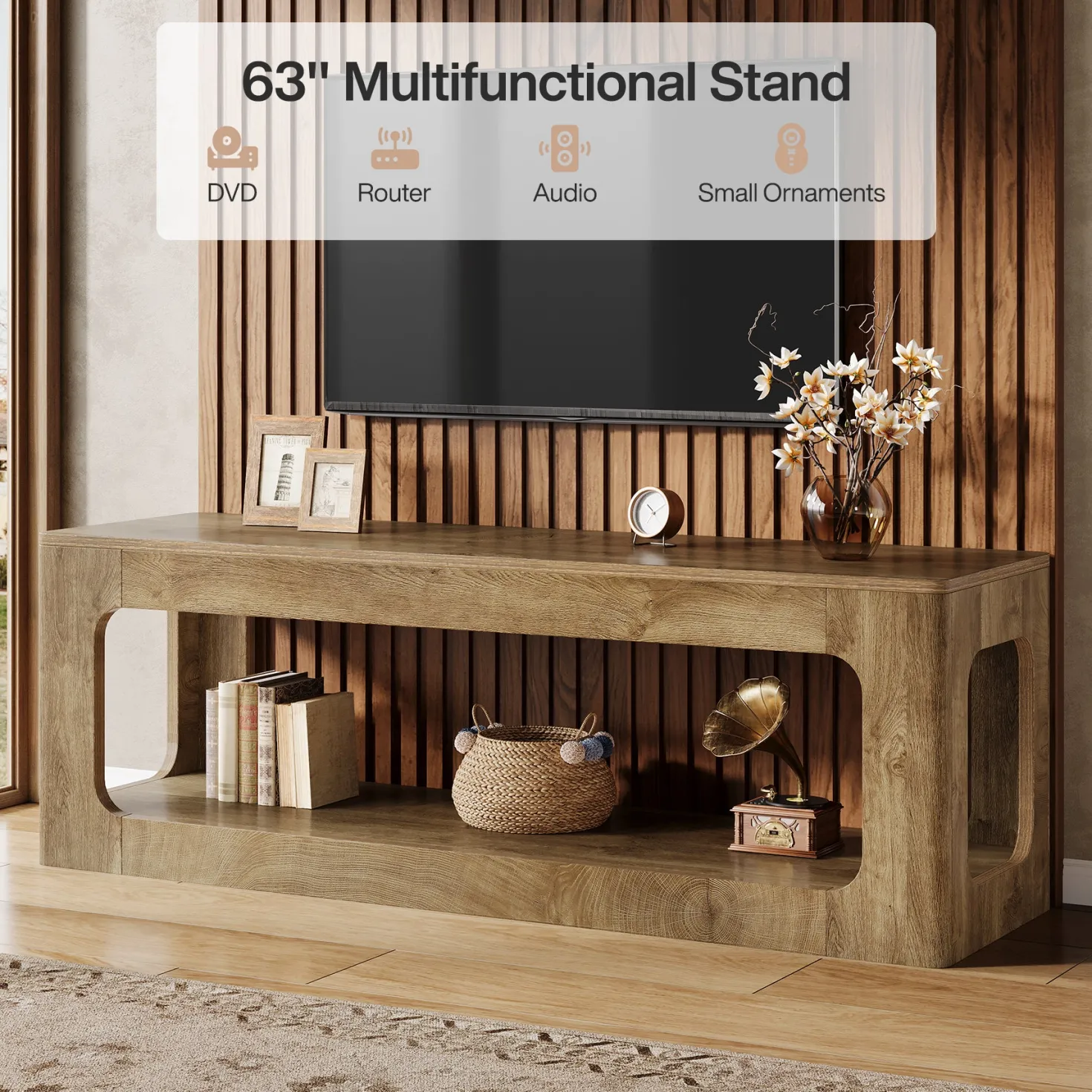 63" TV Stand, 2-Tier Entertainment Center for 55/60/65/75-Inch TVs