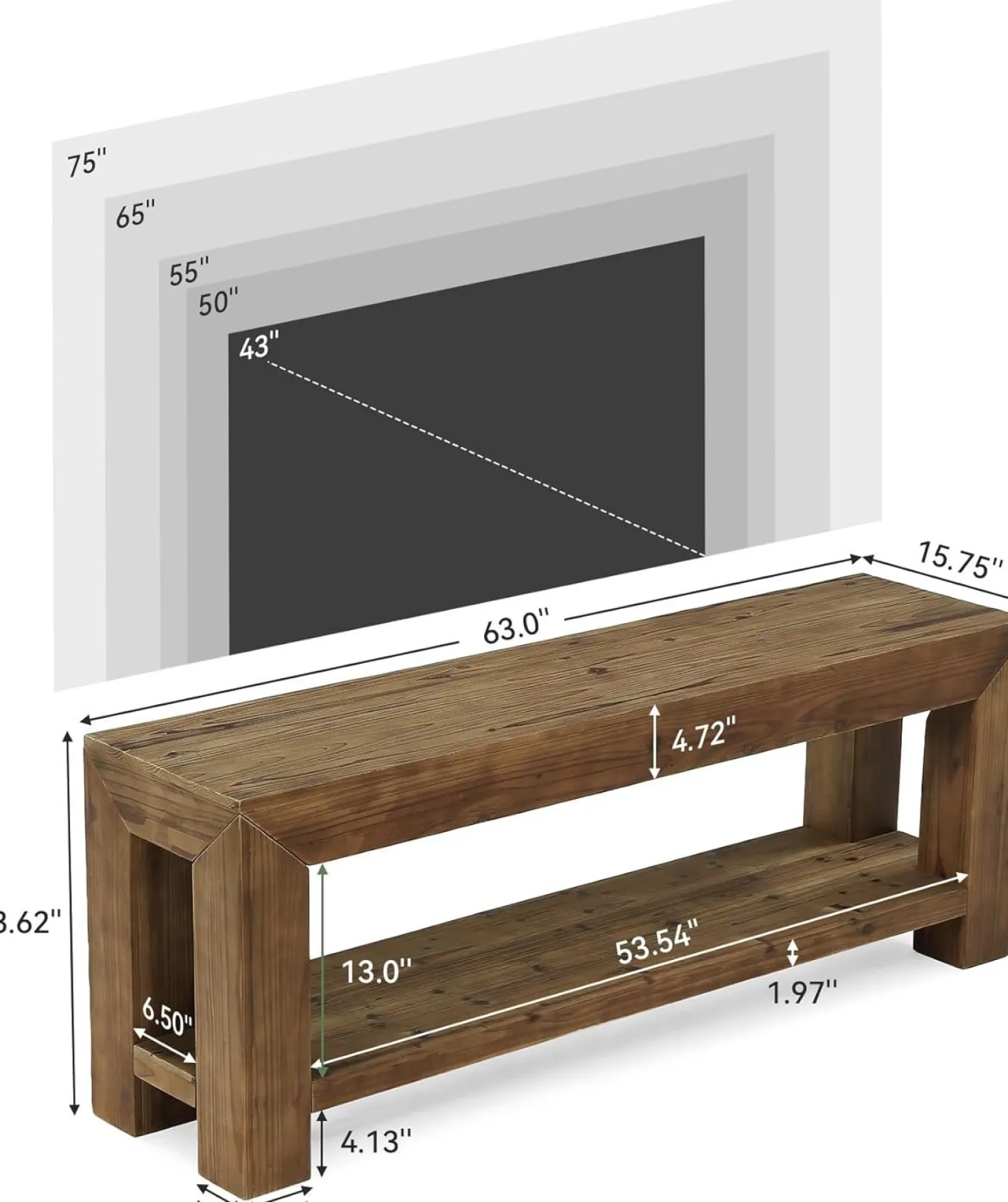 63" TV Stand, TV Console Entertainment Center with 2-Tier Shelves for TVs up to 75"