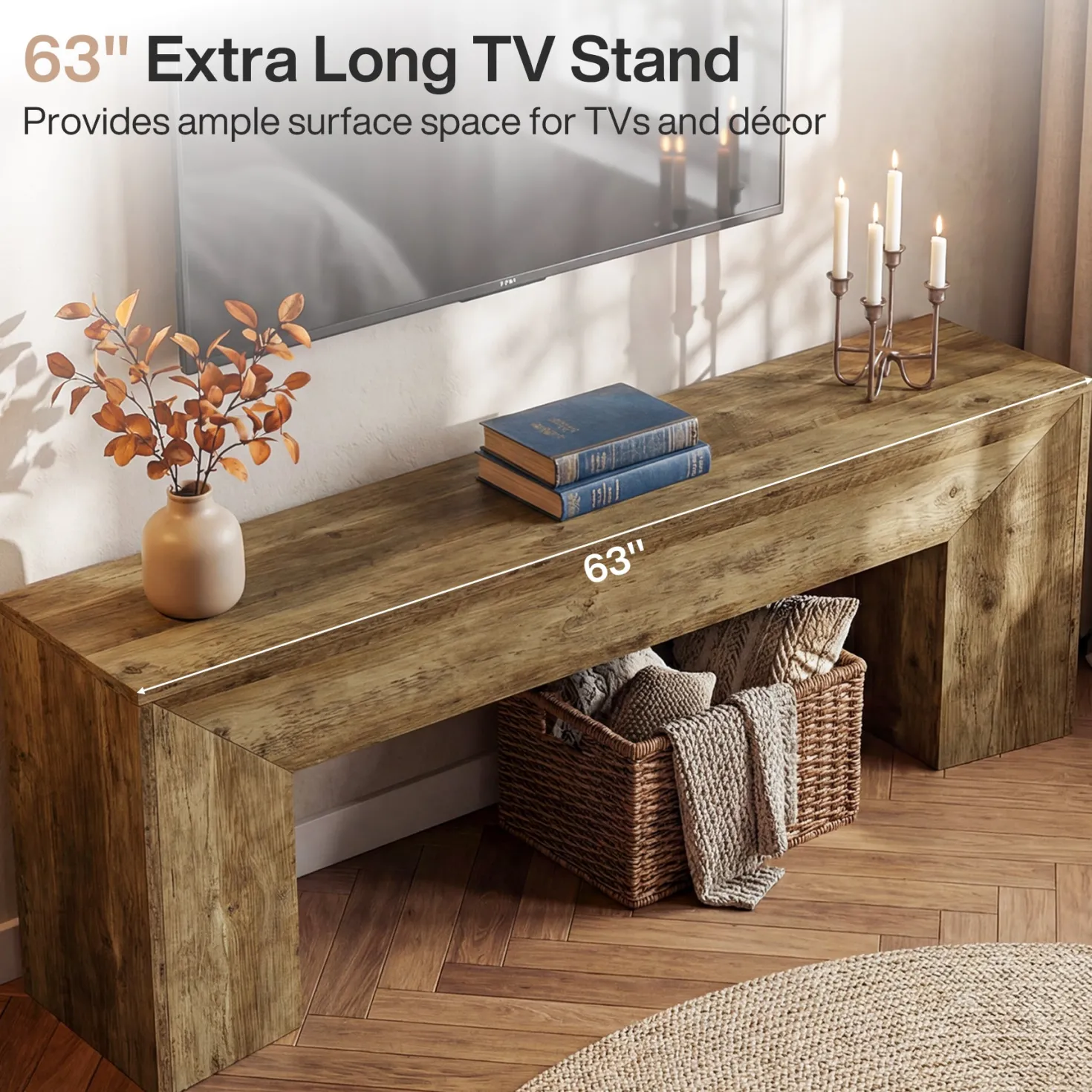 63" TV Stand with Hidden Metal Frame, Low Media Console Table for Living Room and Bedroom