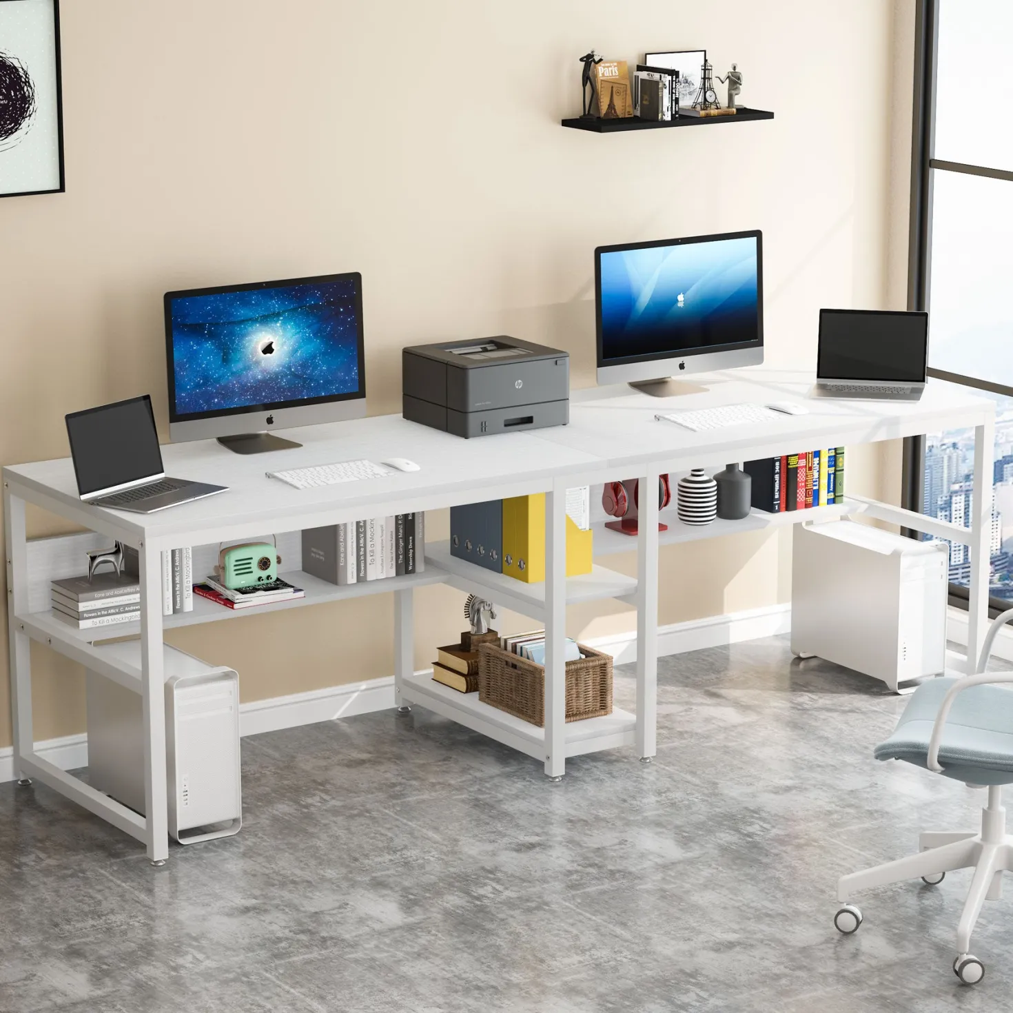 78.7" Two Person Desk, Computer Desk Double Workstation with Shelves