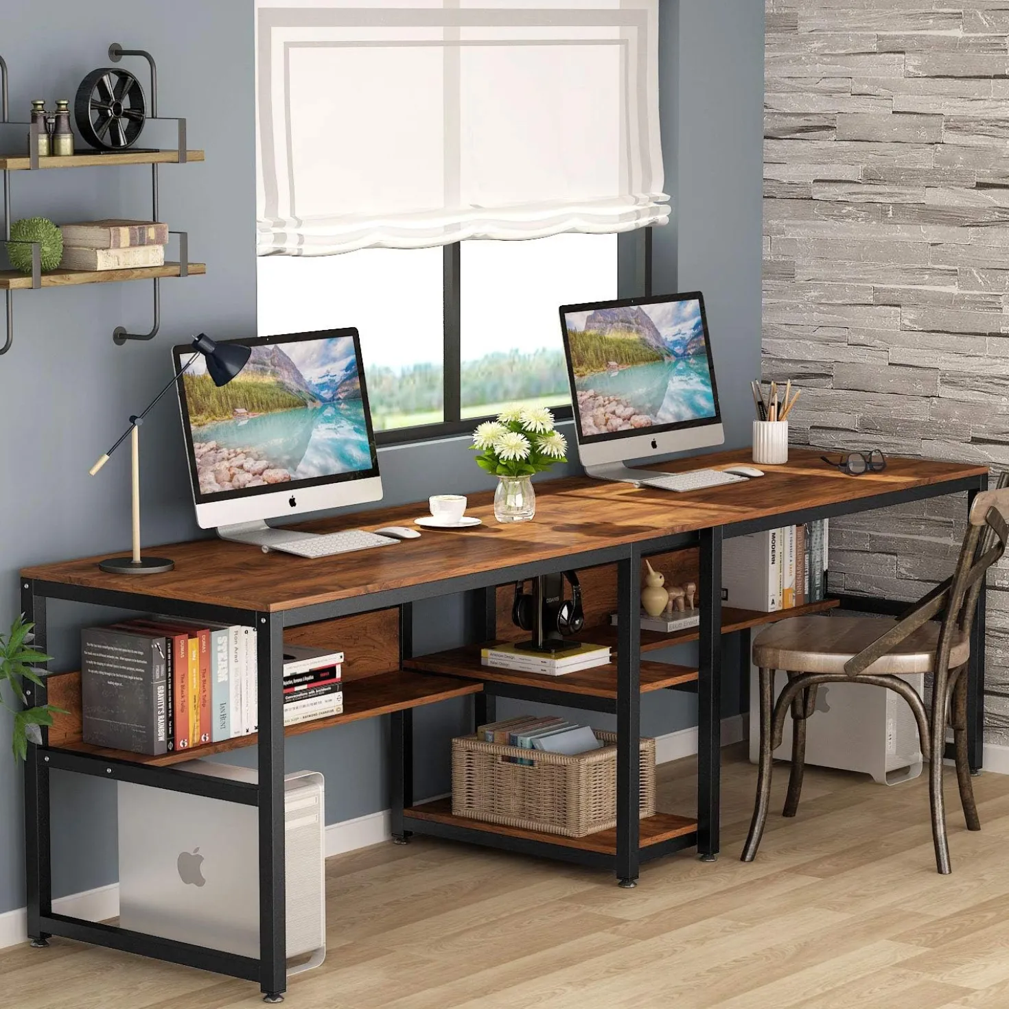 78.7" Two Person Desk, Computer Desk Double Workstation with Shelves