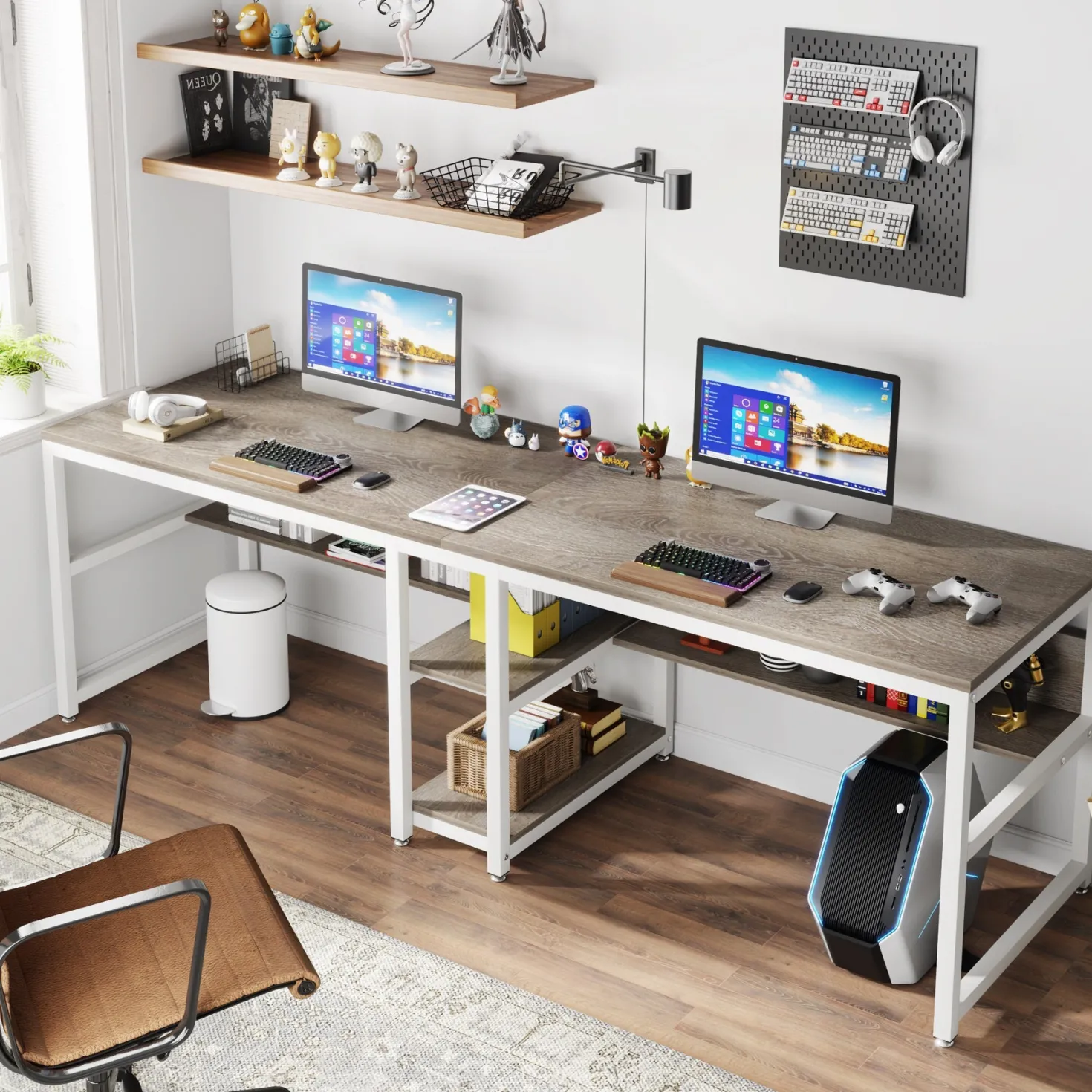 78.7" Two Person Desk, Computer Desk Double Workstation with Shelves