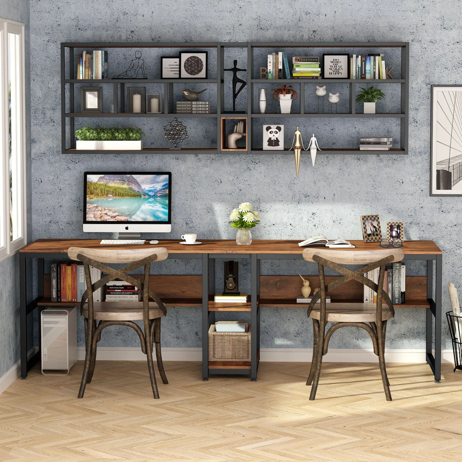 78.7" Two Person Desk, Double Computer Desk with Bookshelf