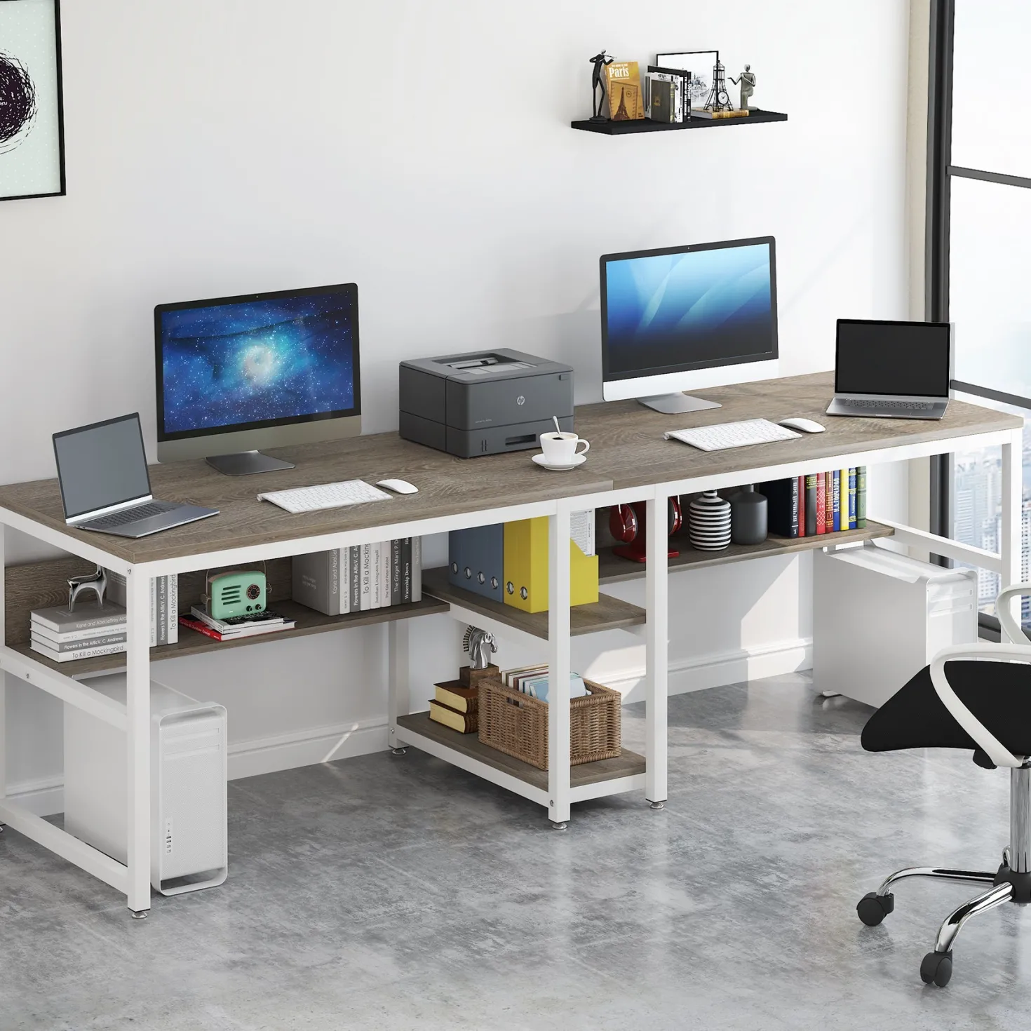 78.7" Two Person Desk, Double Computer Desk with Bookshelf