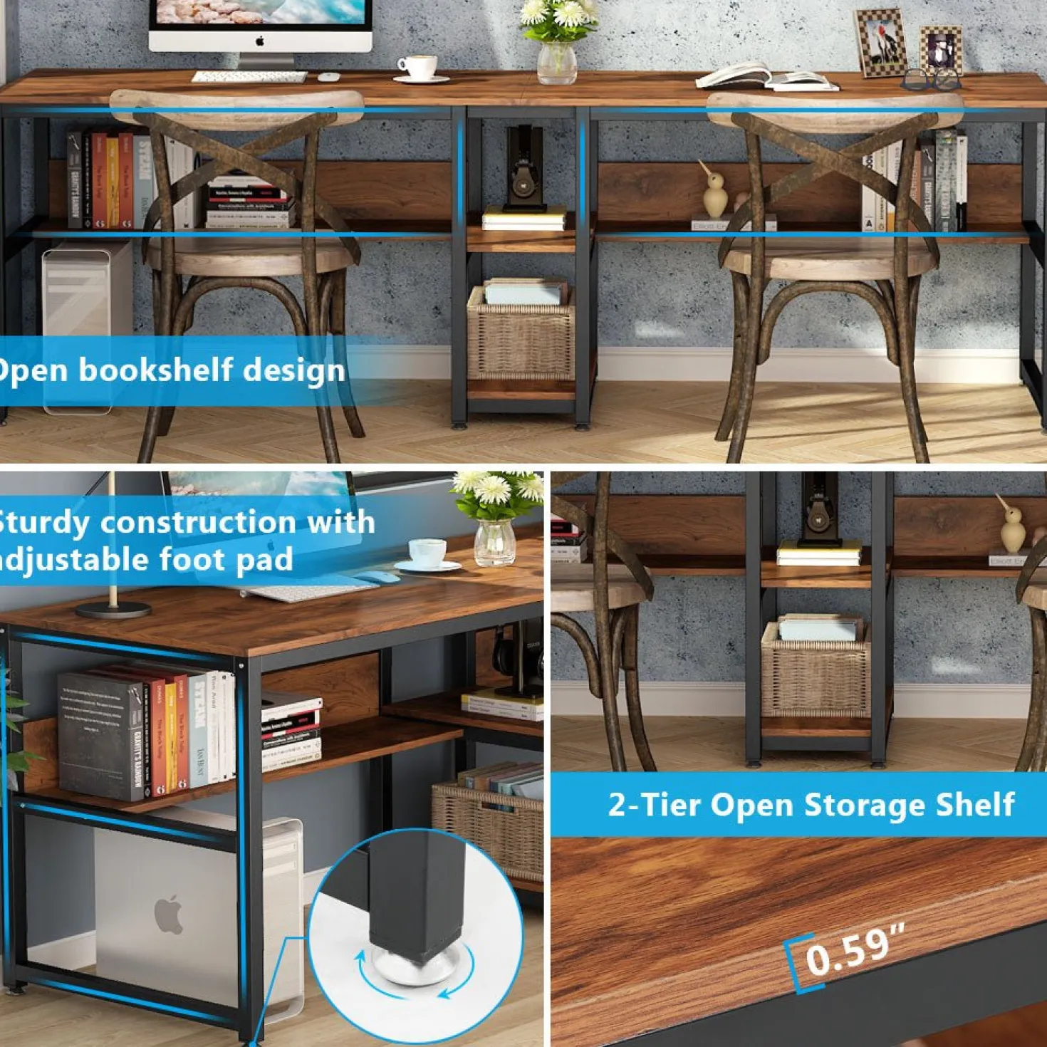 78.7" Two Person Desk, Double Computer Desk with Bookshelf
