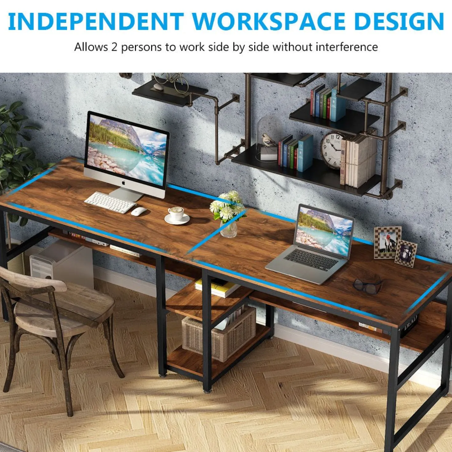 78.7" Two Person Desk, Double Computer Desk with Bookshelf