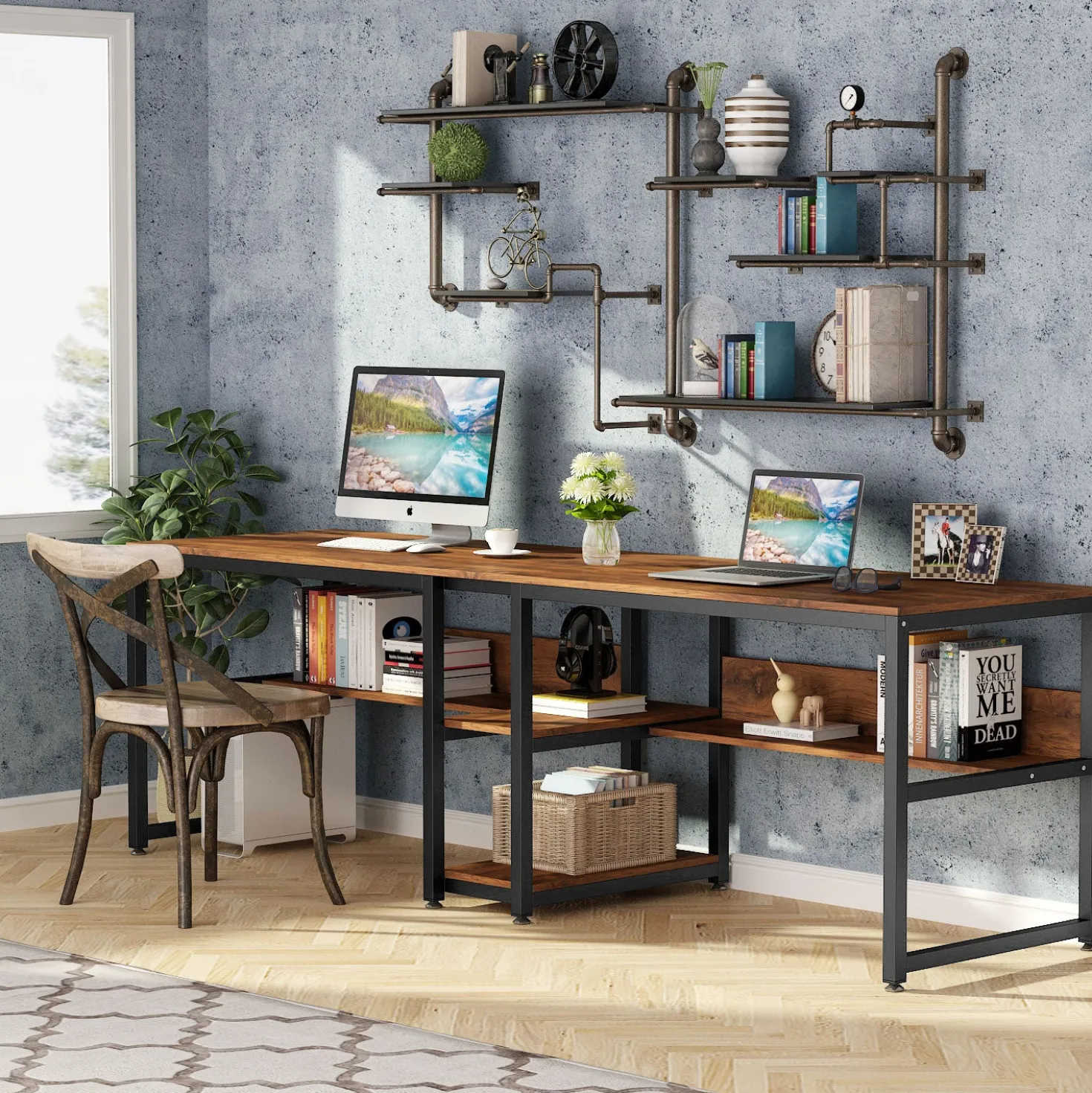 78.7" Two Person Desk, Double Computer Desk with Bookshelf