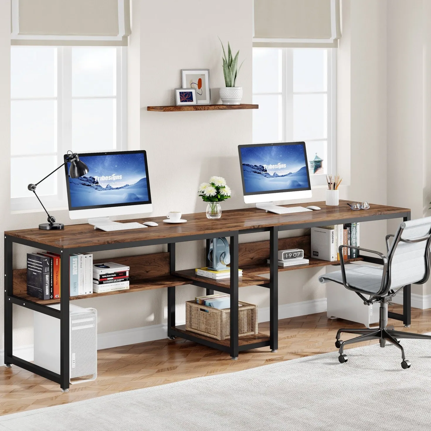 78.7" Two Person Desk, Double Computer Desk with Bookshelf