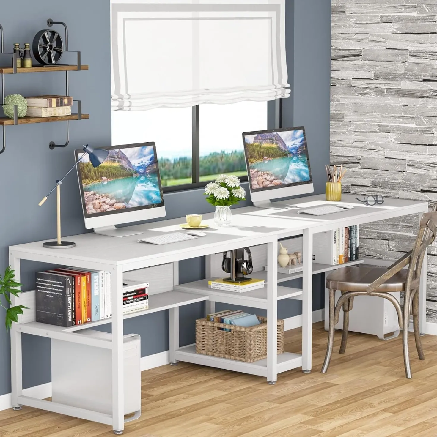 78.7" Two Person Desk, Double Computer Desk with Bookshelf