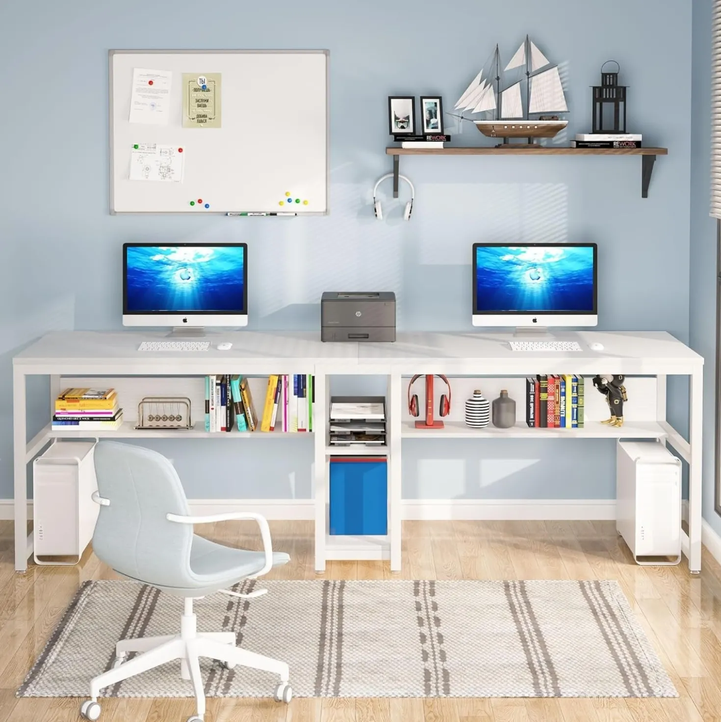78.7" Two Person Desk, Double Computer Desk with Bookshelf
