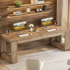 86.6" Two Person Desk, Farmhouse Solid Wood Computer Desk for Home Office