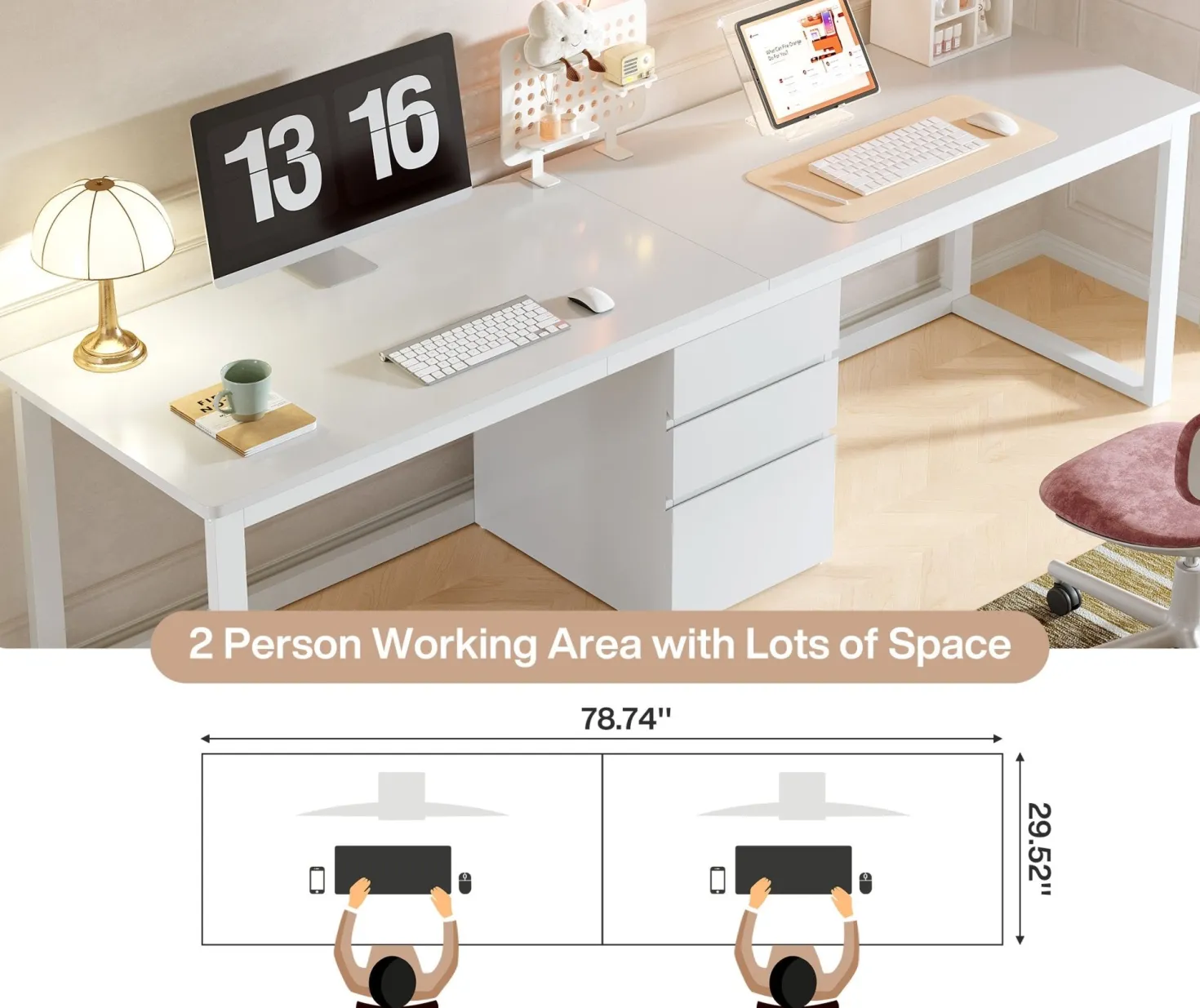 78.7" Two Person Desk, Modern Double Computer Office Desk with 3 Drawers