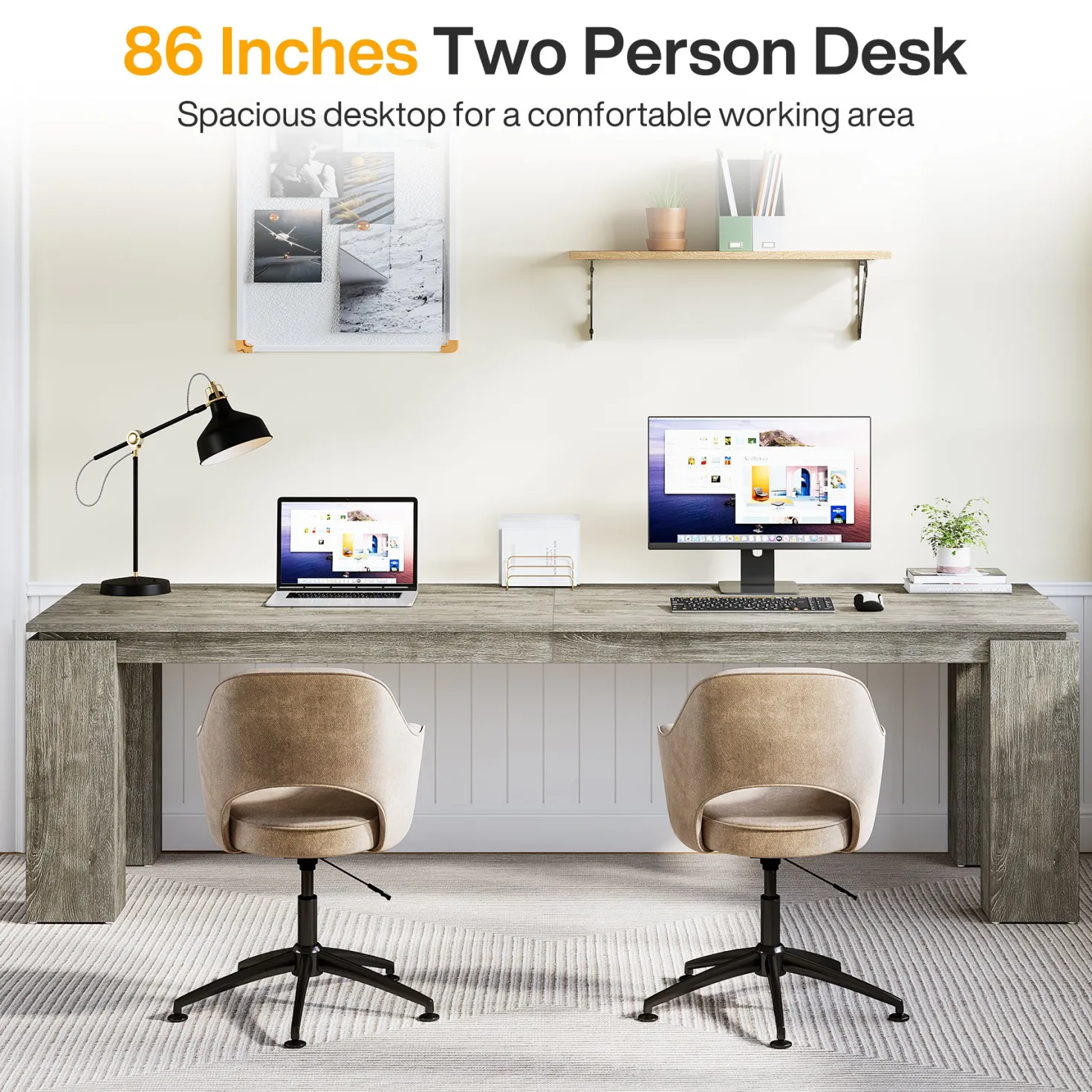 86" Two-Person Desk, Rectangle Double Computer Desk for Home Office