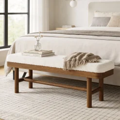 55" Upholstered Bedroom Bench, End of Bed Bench with Solid Wood Frame & Cushion