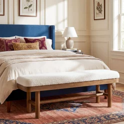 55" Upholstered Bedroom Bench, End of Bed Bench with Solid Wood Frame & Cushion