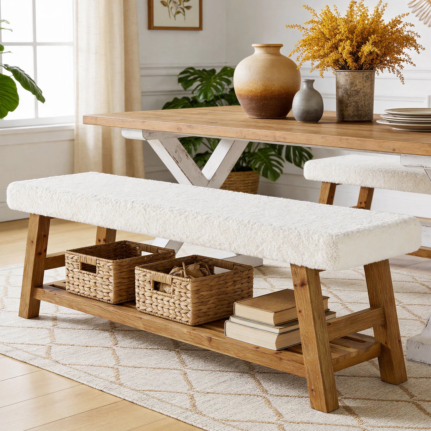 55" Upholstered Dining Bench, 2-Tier Solid Wood Kitchen Table Bench with Cushion