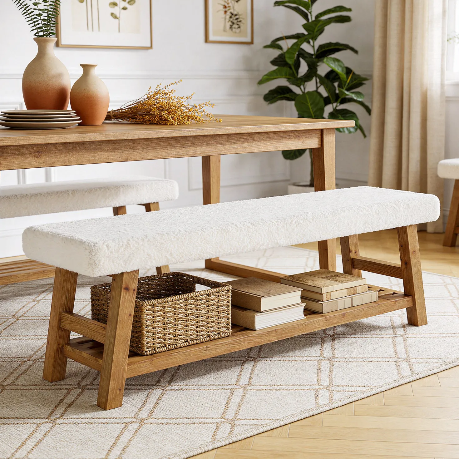 55" Upholstered Dining Bench, 2-Tier Solid Wood Kitchen Table Bench with Cushion