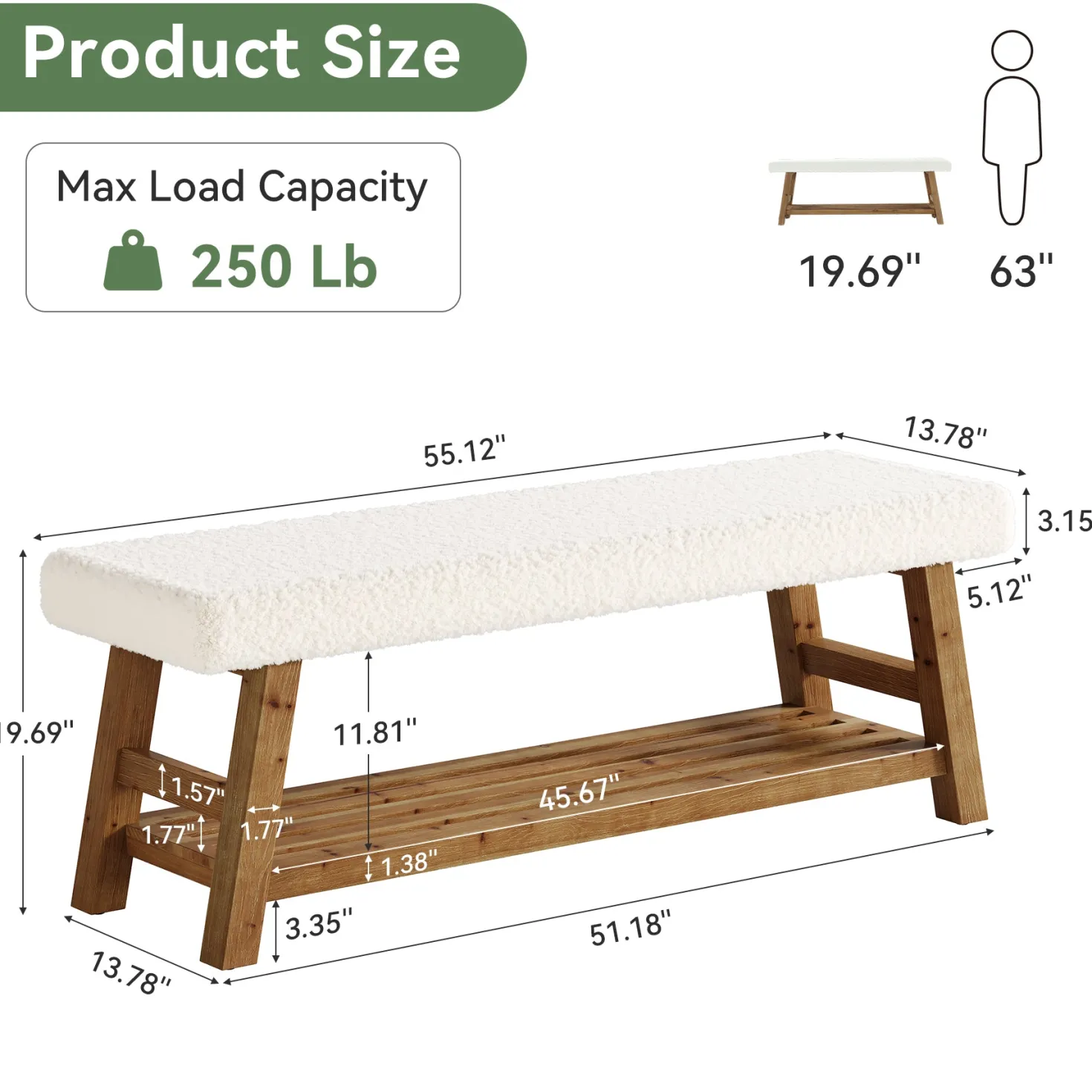 55" Upholstered Dining Bench, 2-Tier Solid Wood Kitchen Table Bench with Cushion