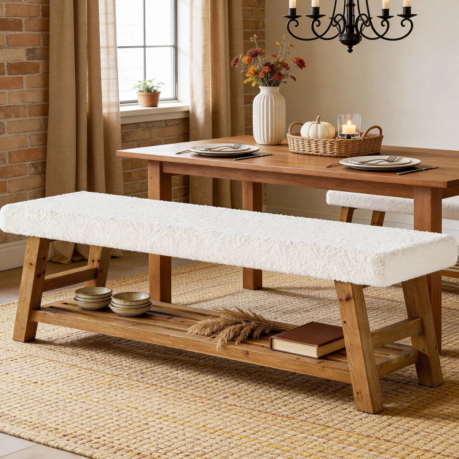 55" Upholstered Dining Bench, 2-Tier Solid Wood Kitchen Table Bench with Cushion