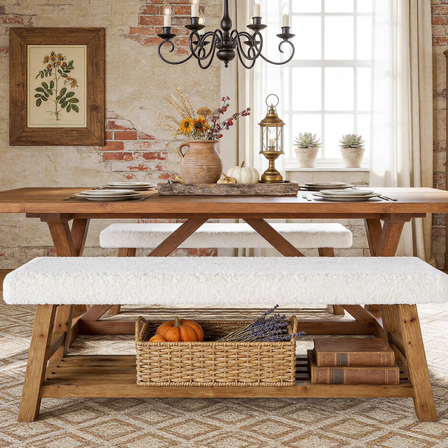55" Upholstered Dining Bench, 2-Tier Solid Wood Kitchen Table Bench with Cushion