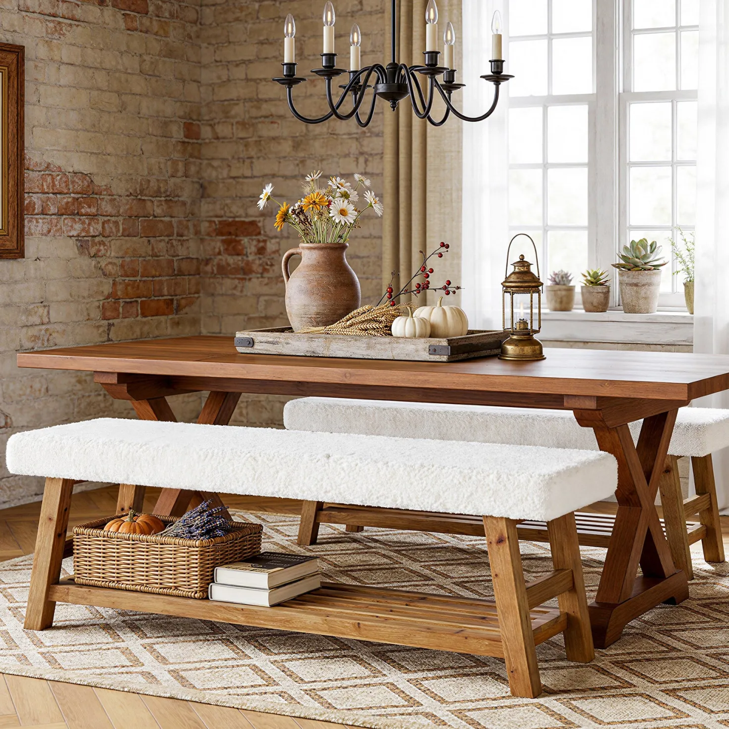 55" Upholstered Dining Bench, 2-Tier Solid Wood Kitchen Table Bench with Cushion