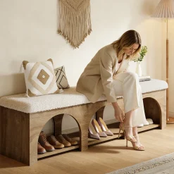 63" Upholstered Entryway Bench, 2-Tier Shoe Bench with Cushion and Shelf