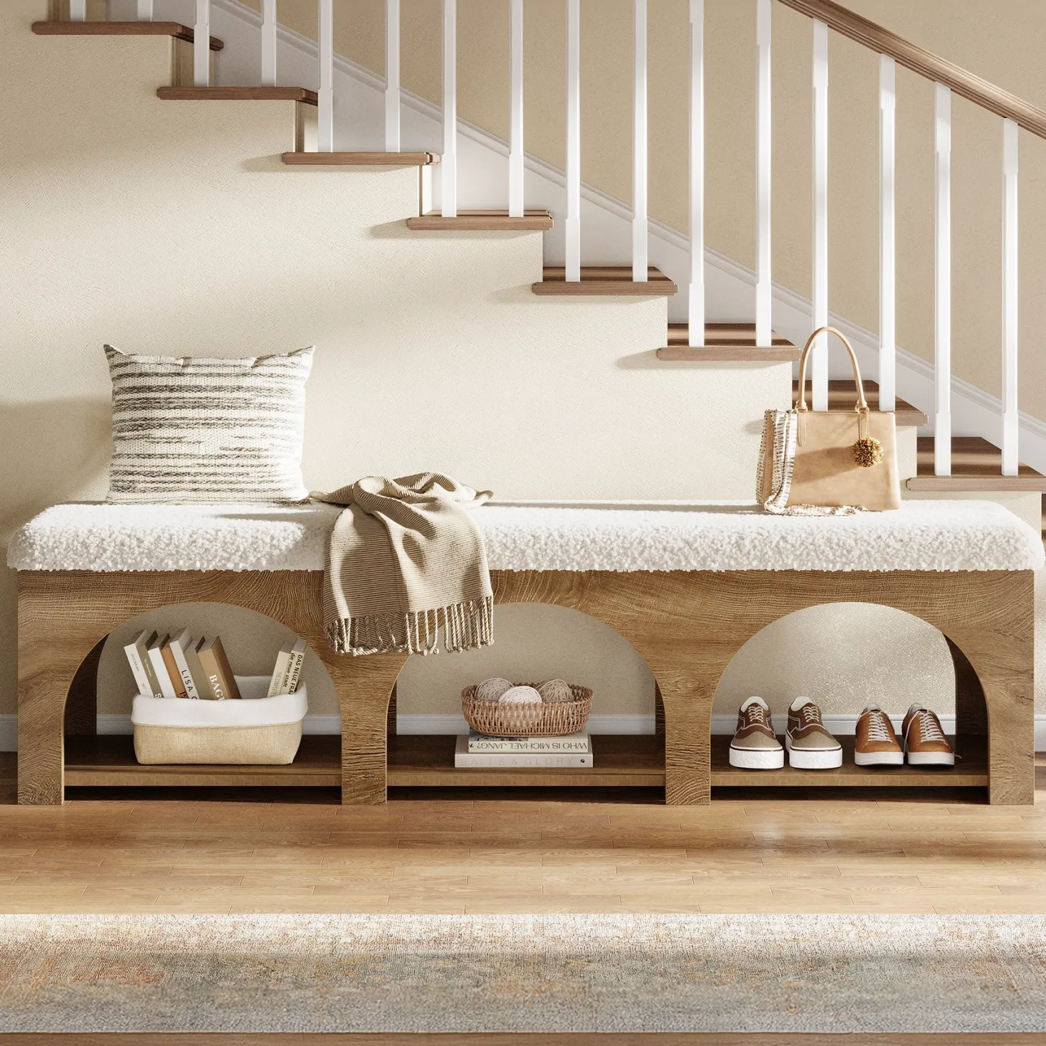63" Upholstered Entryway Bench, 2-Tier Shoe Bench with Cushion and Shelf