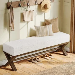 51" Upholstered Entryway Bench, Modern Solid Wood End of Bed Bench with Faux Shearling Padded Seat