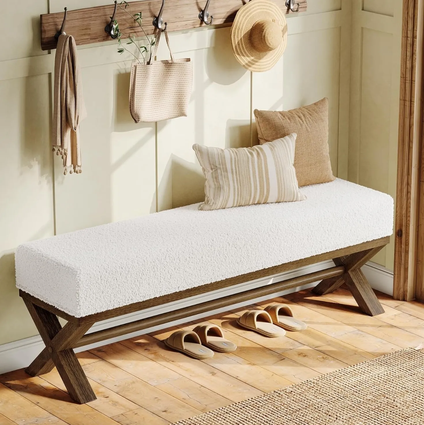 51" Upholstered Entryway Bench, Modern Solid Wood End of Bed Bench with Faux Shearling Padded Seat