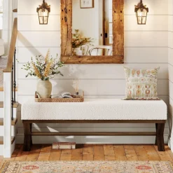 51" Upholstered Entryway Bench, Modern Solid Wood End of Bed Bench with Faux Shearling Padded Seat