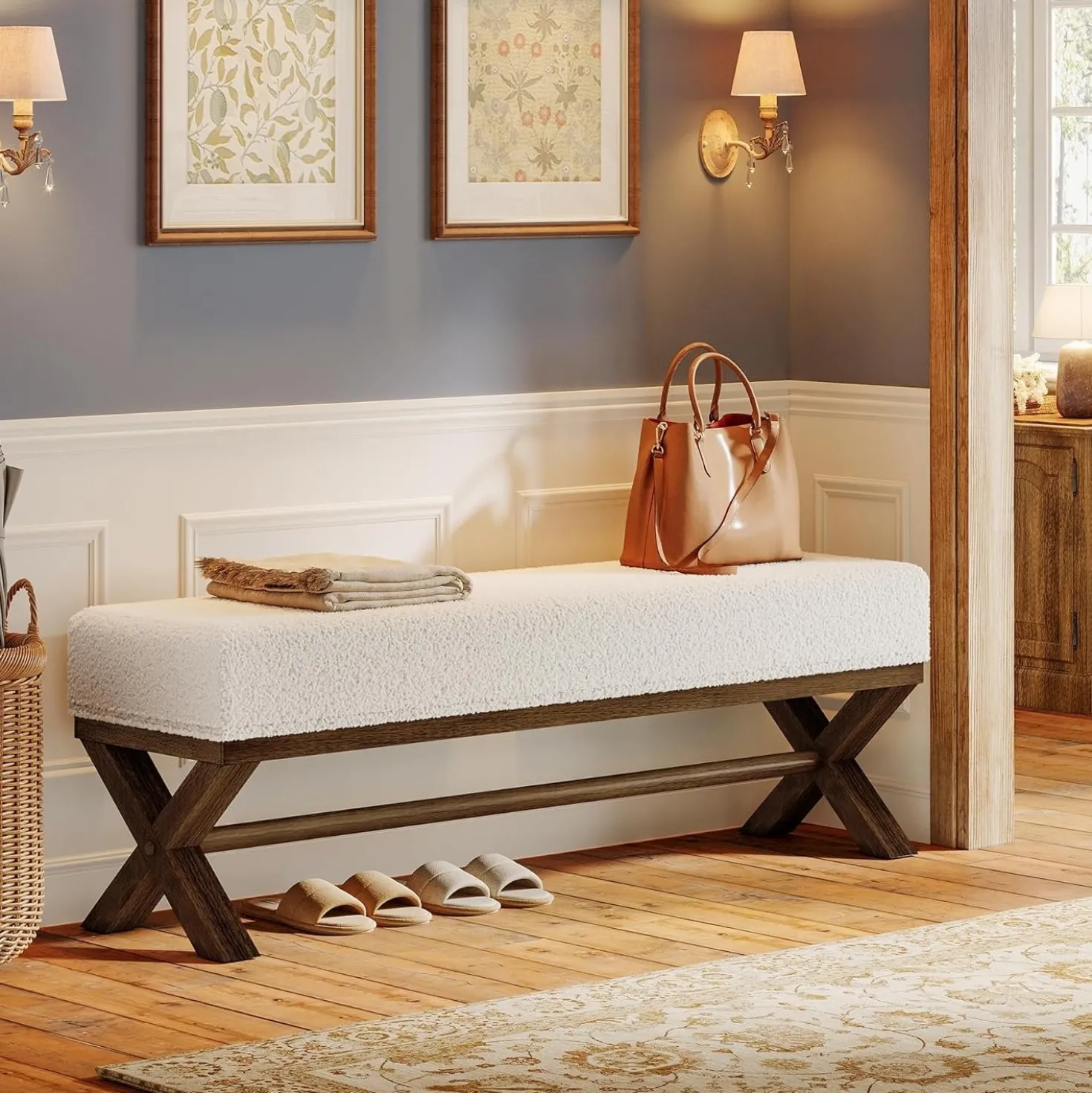 51" Upholstered Entryway Bench, Modern Solid Wood End of Bed Bench with Faux Shearling Padded Seat
